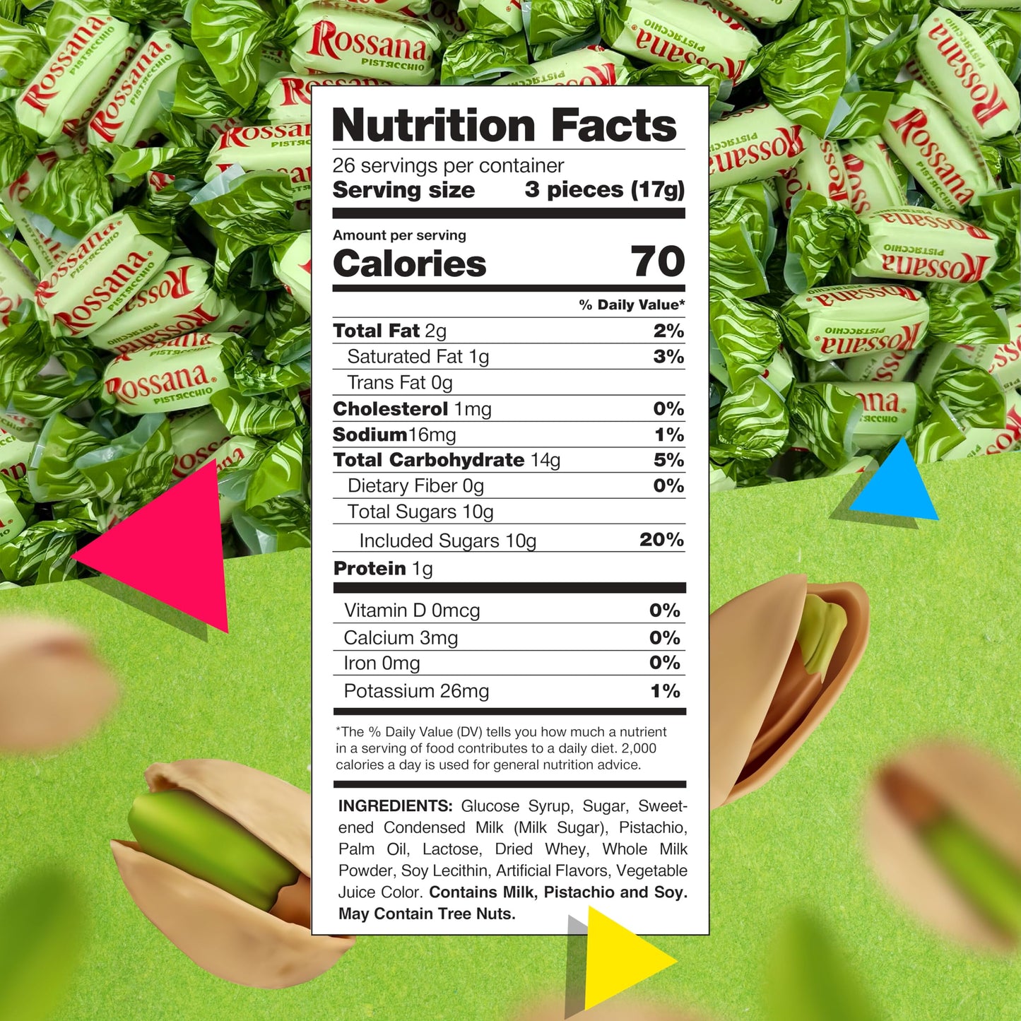 Fida Rossana Pistachio Hard Candy | 1 Pound Bag - About 75 Count | Individually Wrapped Rossana Italian Candy | Rich Pistachio Cream Center | Filled Gourmet Treat