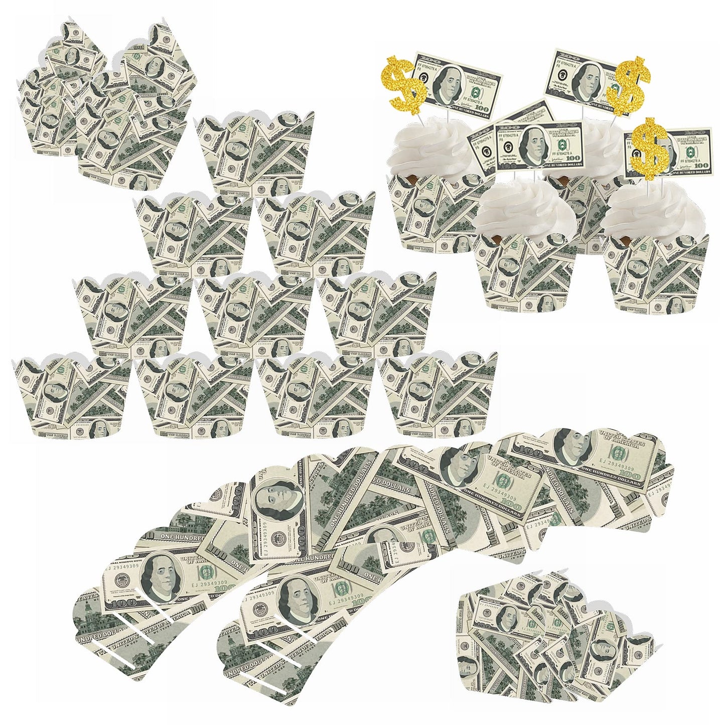 48Pcs 100 Dollar Bill Cupcake Wrappers And Toppers Set Currency Symbol Cupcake Holders With Treat Picks Kit Money Themed Party Decorations Supplies For Birthday Wedding Bachelorette Gaming Place Party