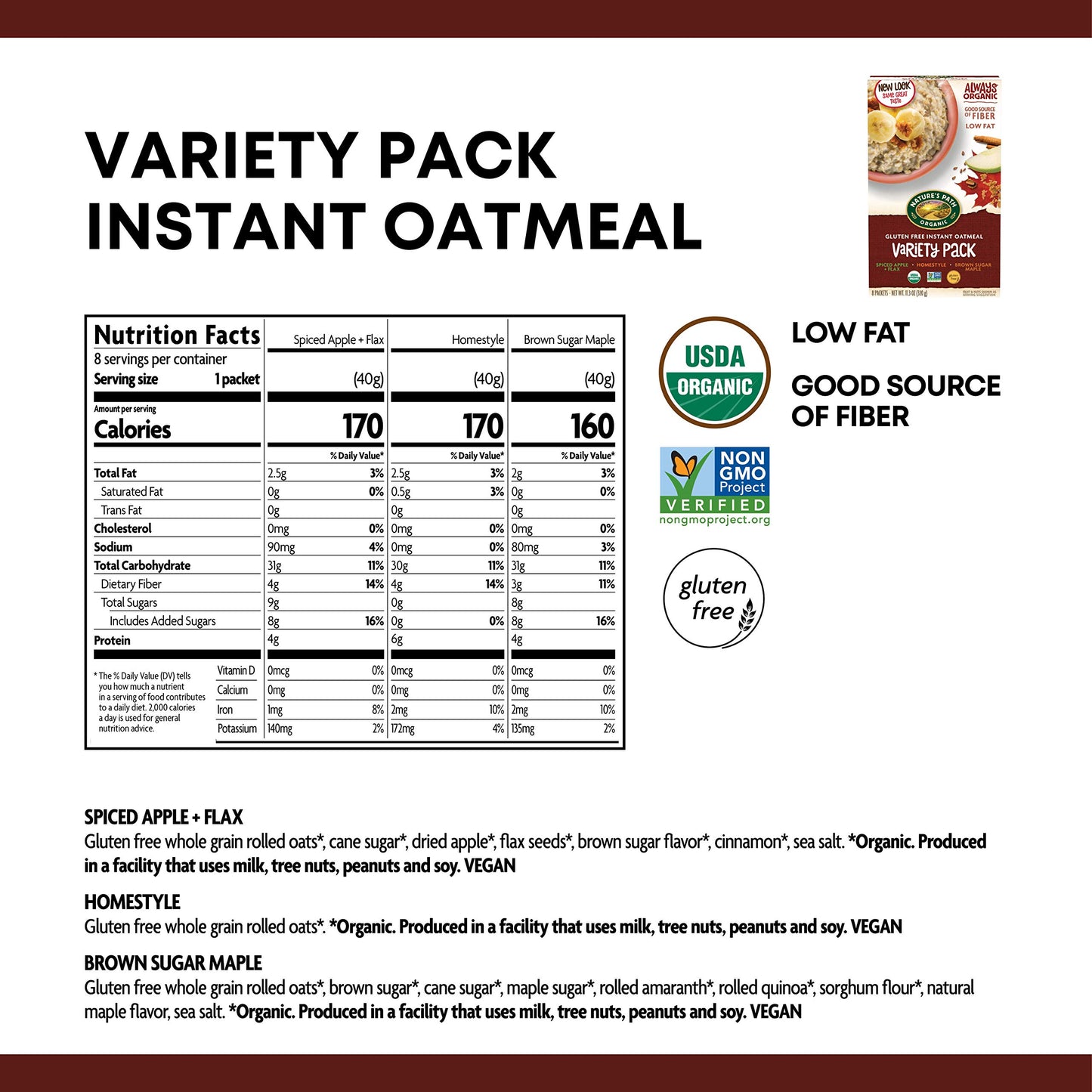 Nature s Path Organic Variety Pack Oatmeal, 11.3 oz (Pack of 6), Gluten Free, Non-GMO