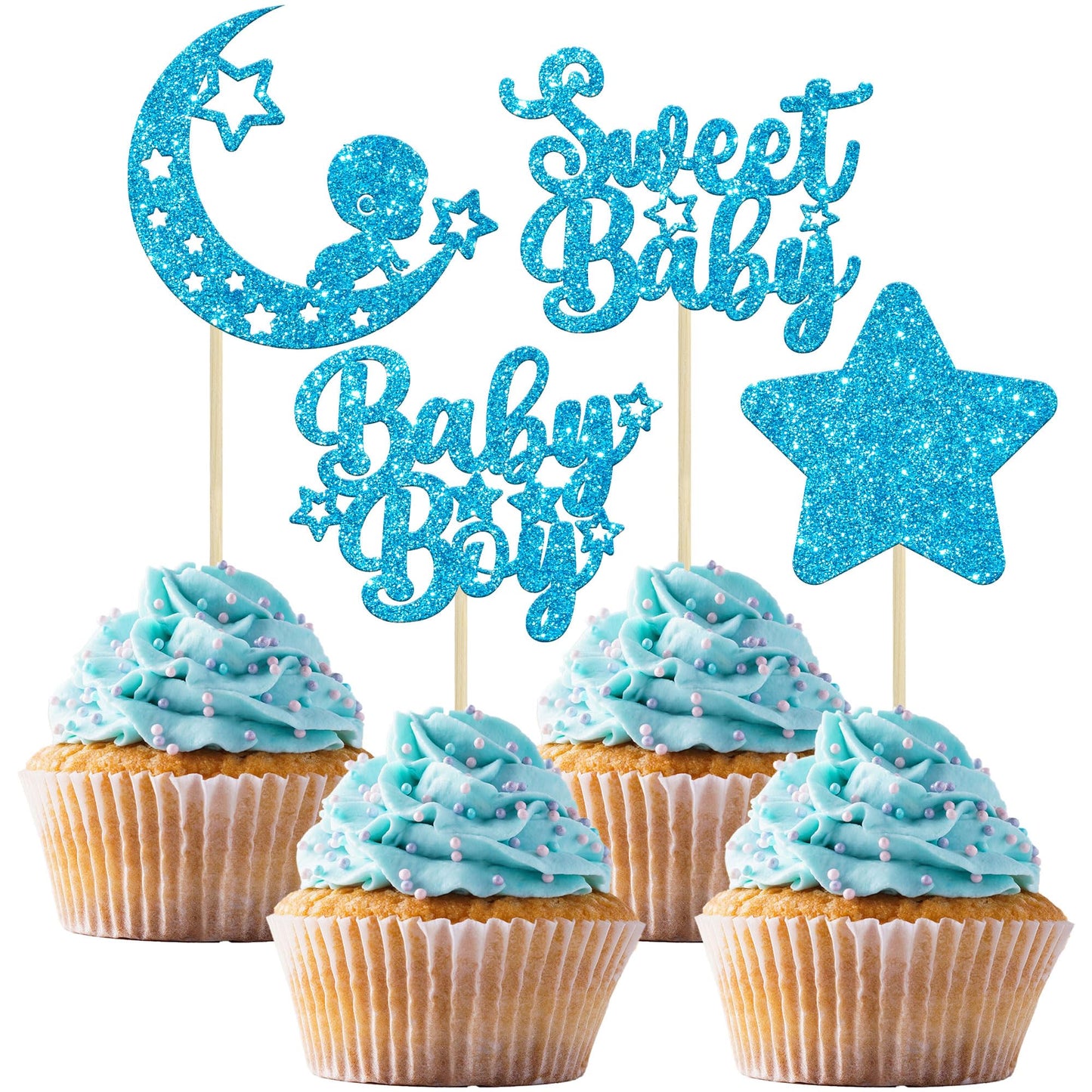 Gyufise 24Pcs Blue Glitter Baby Boy Cupcake Toppers Star Moon Sweet Baby Babyshower Boy Cupcake Picks For Baby Shower Boys Birthday Party Cake Decorations Supplies