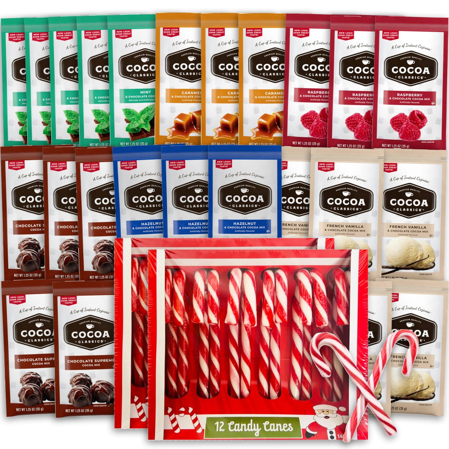 Hot Cocoa & Candy Cane Gift Set - 24 Top-Grade Hot Chocolate Packets (6 Flavors) + 24 Classic Candy Cane | 48-Count Holiday Treat Box Energy-Boosting Gift For Kids & 18+ Uses