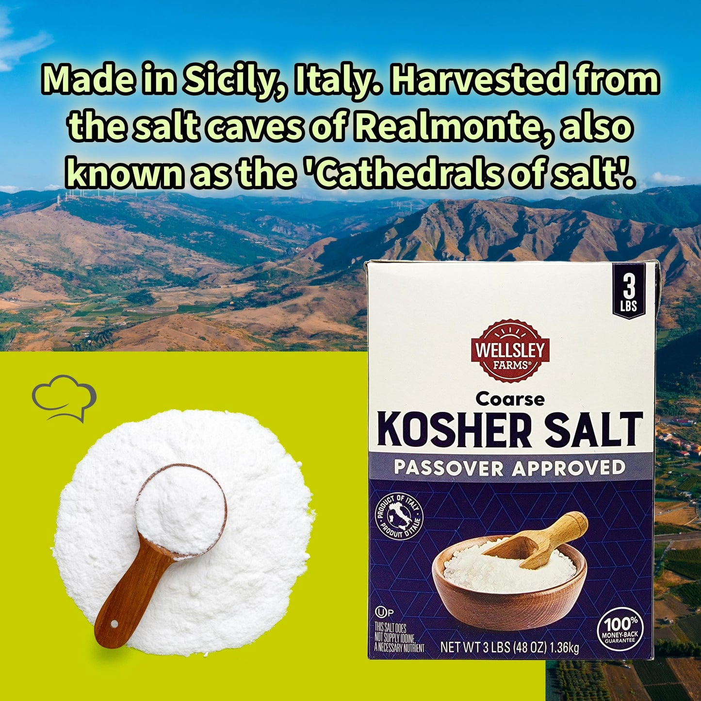 Wellsley Farms Coarse Kosher Salt, Natural Sicilian Rock Salt, 3 lb Box, Passover Approved