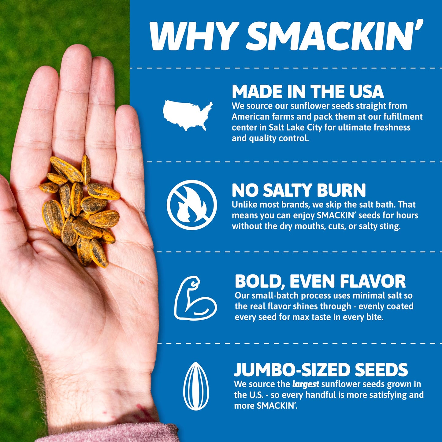 Smackin' - Jumbo Roasted Sunflower Seeds, No Salty Burn, American Made, Easy Pour & Seal - Cracked Pepper, 4Oz Bag (12 Bags)