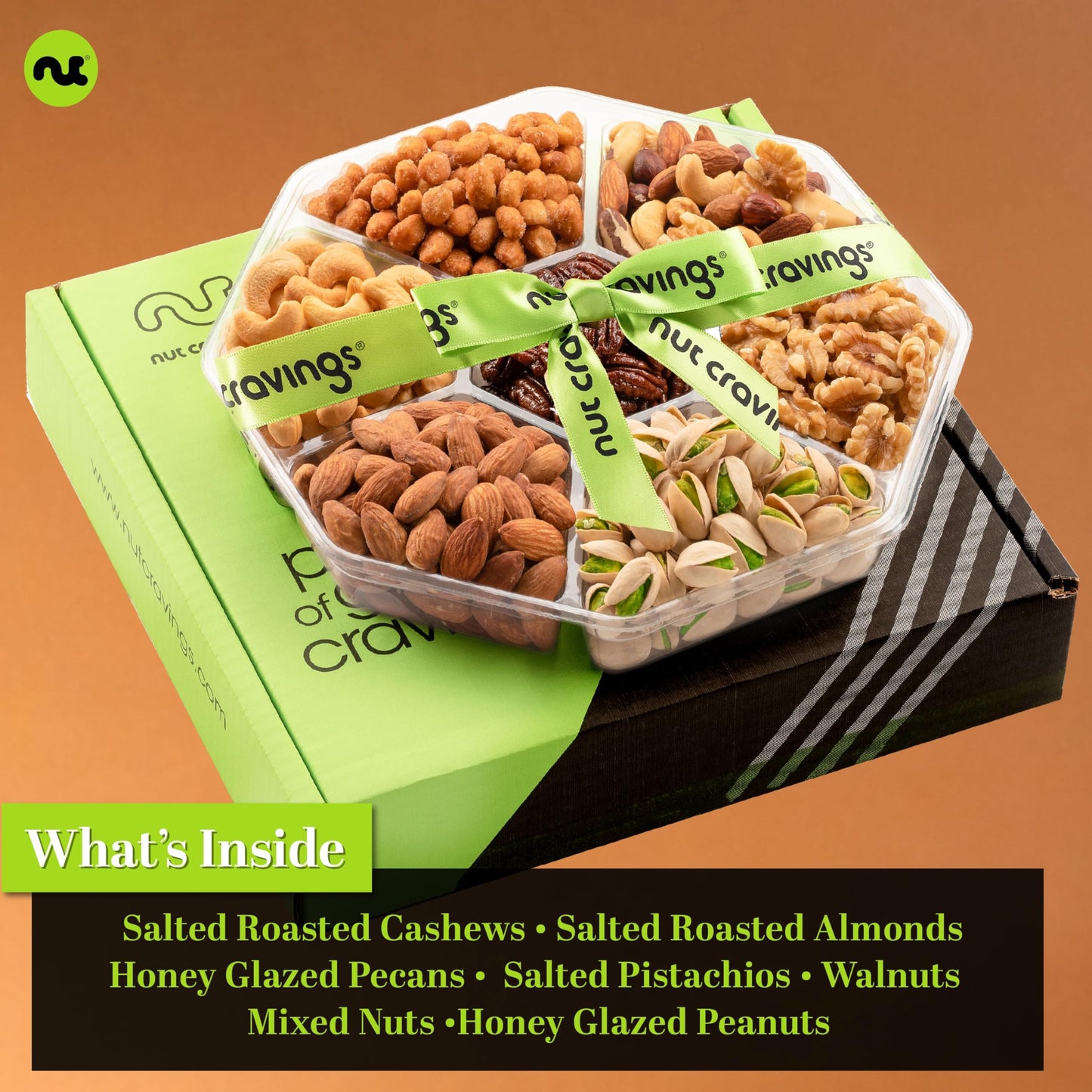 Nut Cravings Gourmet Collection - Rosh Hashana & Shana Tova Mixed Nuts Gift Basket + Green Ribbon (7 Assortments, 1 Lb) Arrangem
