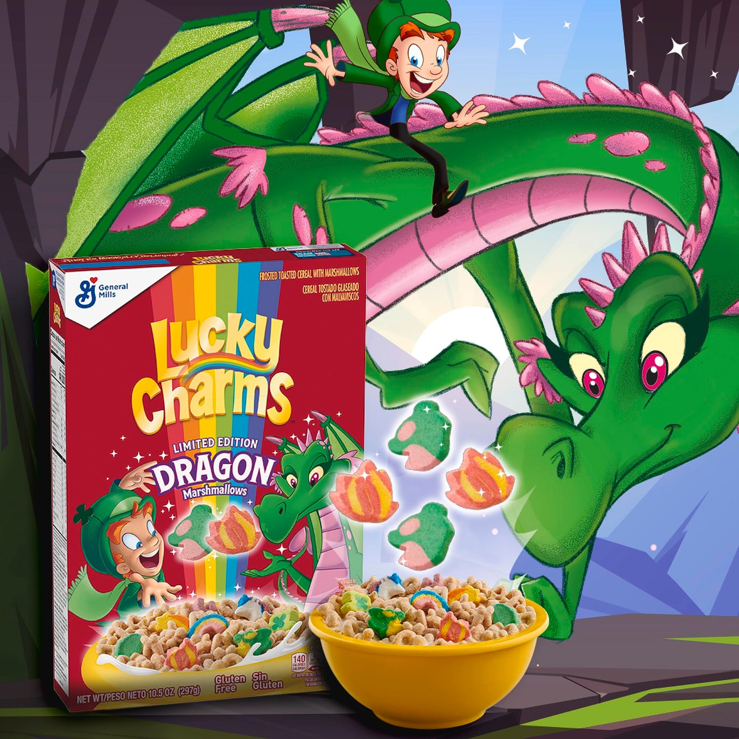 Lucky Charms Cereal with Marshmallows, Gluten Free Cereal Made with Whole Grain, Family Size, 18.6 oz (Pack of 2)