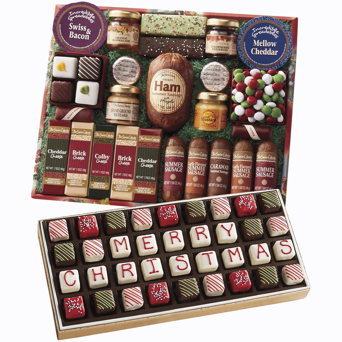 The Swiss Colony 25 Holiday Favorites - Assorted Sausage Meats Cheese Blocks And Spreadables Chocolates Sweet And Savory Variety Treats With Merry Christmas Petits Fours - Gourmet Mini Layer Cakes