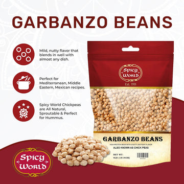 Garbanzo Beans - Chickpeas Dried 4 Lb Bag - All Natural, Sproutable, Perfect For Hummus - By Spicy World