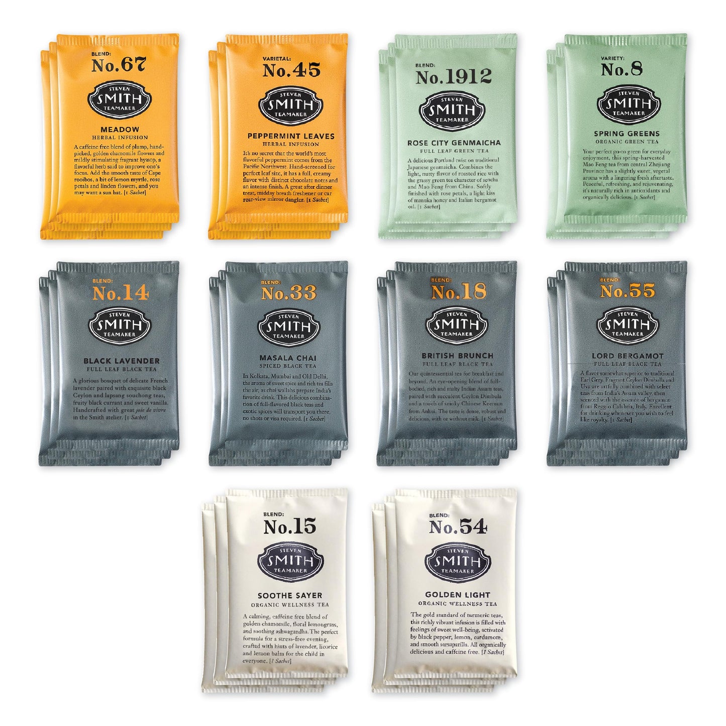 Smith Teamaker Online Marketplace Unique Variety Pack Sampler 10 Flavors Of Black Green Herbal Tea Sugar-Free Sustainably Grown Full Leaf Plant Based Tea Bags 30 Sachets 0.78Oz Each