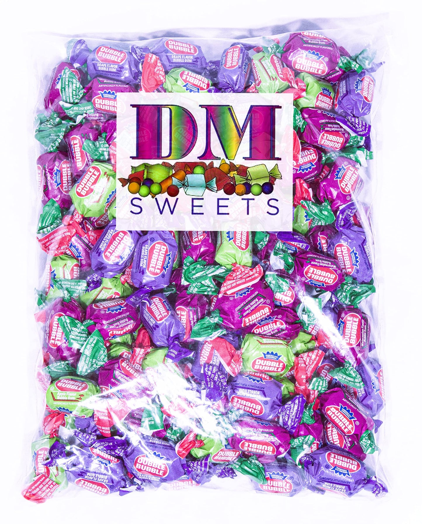Dubble Bubble 3 Flavor Gum - 2 Lbs Of Assorted Apple Watermelon Grape Individually Wrapped Fresh Bubble Gum