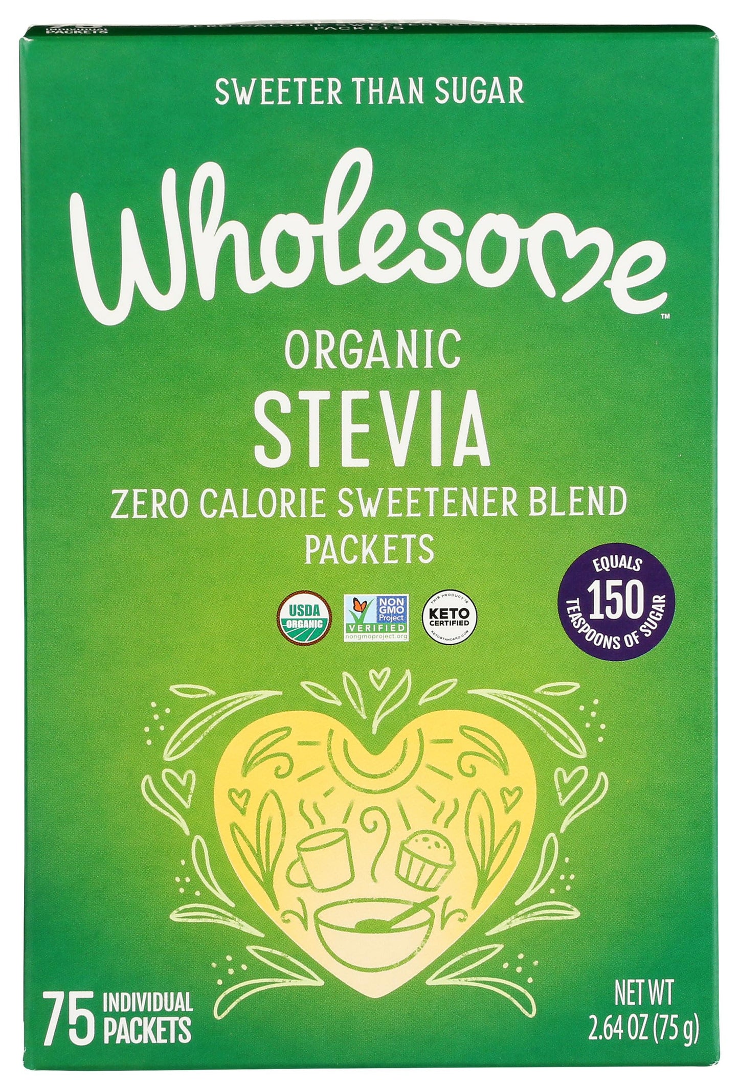 Wholesome Sweeteners Organic Stevia, 75 Count Packets, Zero Calorie Sweetener Blend, Keto Friendly, Non GMO, Gluten Free & Vegan, 1 Pack