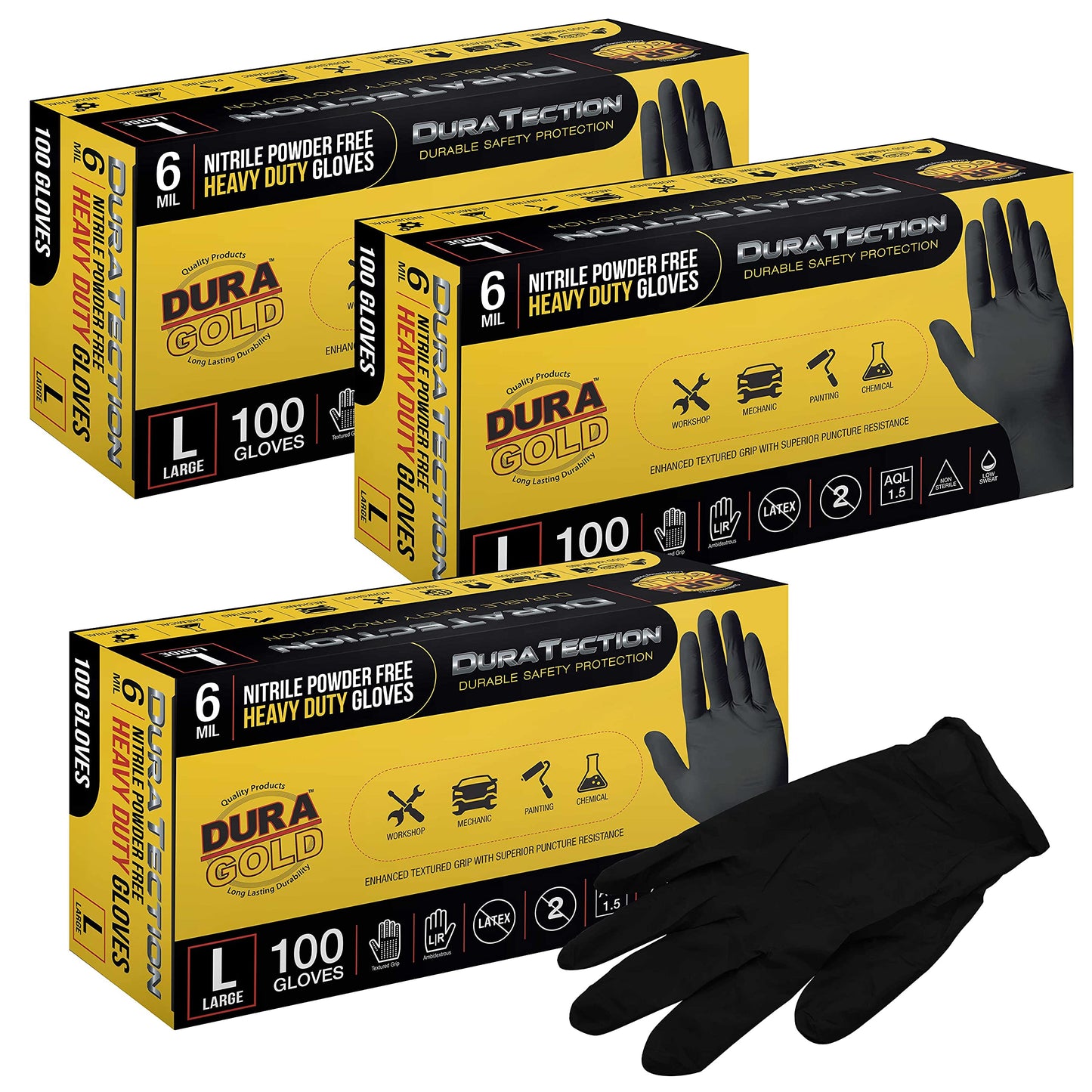 Dura-Gold Hd Black Nitrile Disposable Gloves, 3 Boxes Of 100, Size Small, 6 Mil - Latex Free, Powder Free, Textured Grip, Small