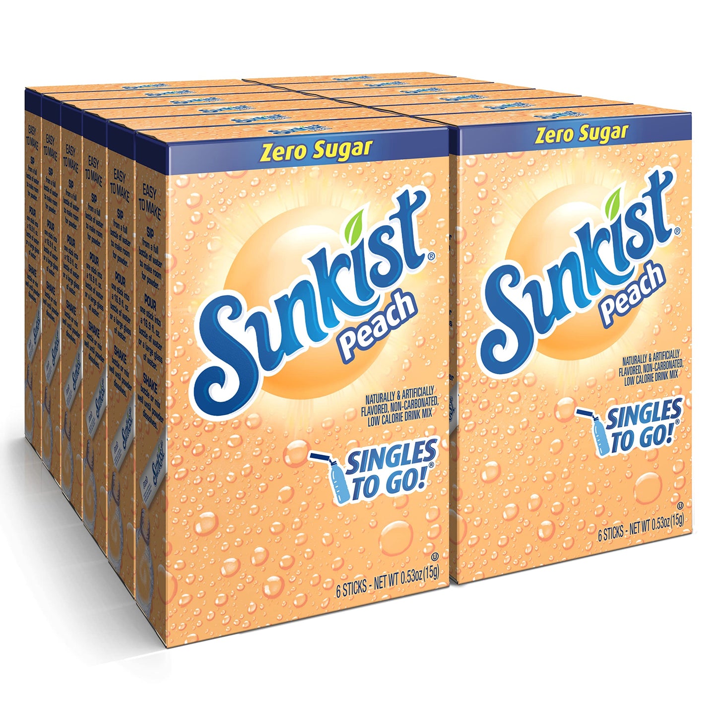SINGLES TO GO! Peach Drink Mix, Sugar Free, Non-Carbonated, 12 Boxes with 6 Packets Each, 0.53 Ounce (Pack of 12)