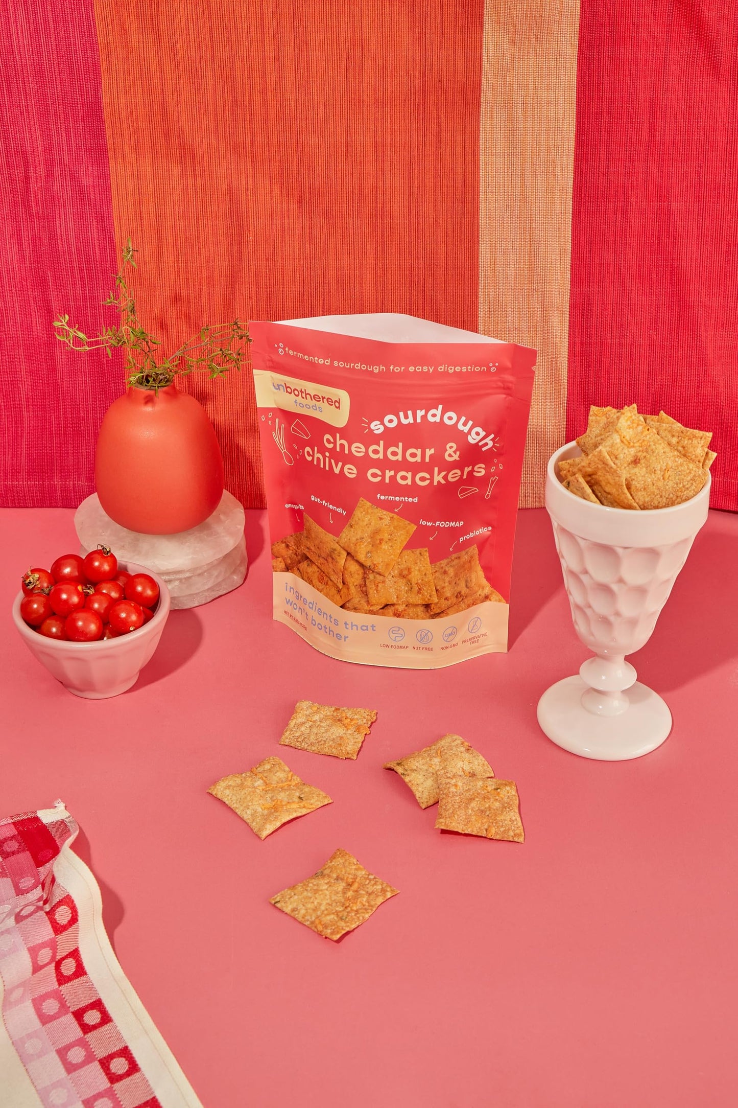 Unbothered Foods Cheddar & Chive Sourdough Crackers - Gut-Friendly & Easy to Digest, Non-GMO, No Added Sugar, Nut-Free, Perfect