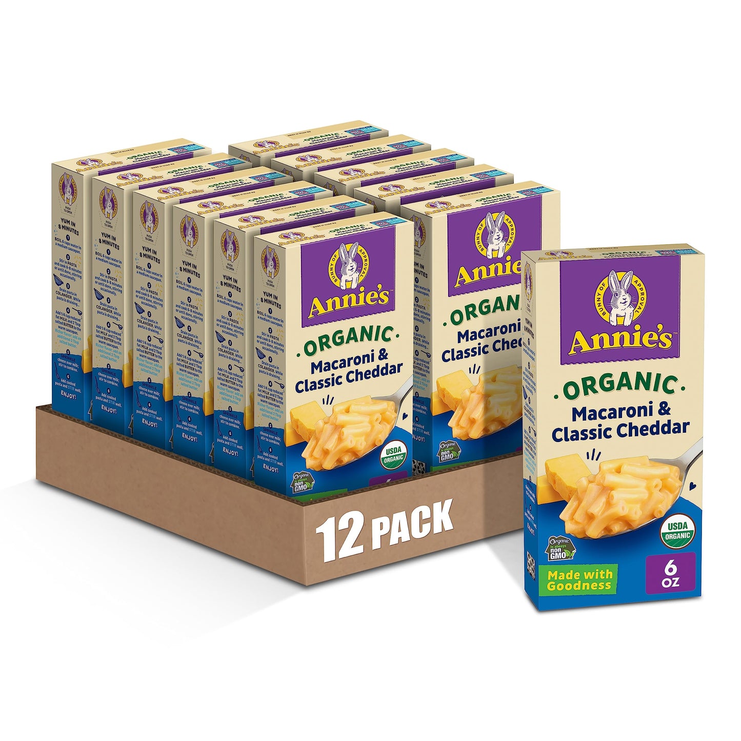 Annie s Organic Macaroni and Classic Cheddar, Mac and Cheese, Dinner Side or Snacks, 6 oz (Pack of 12)