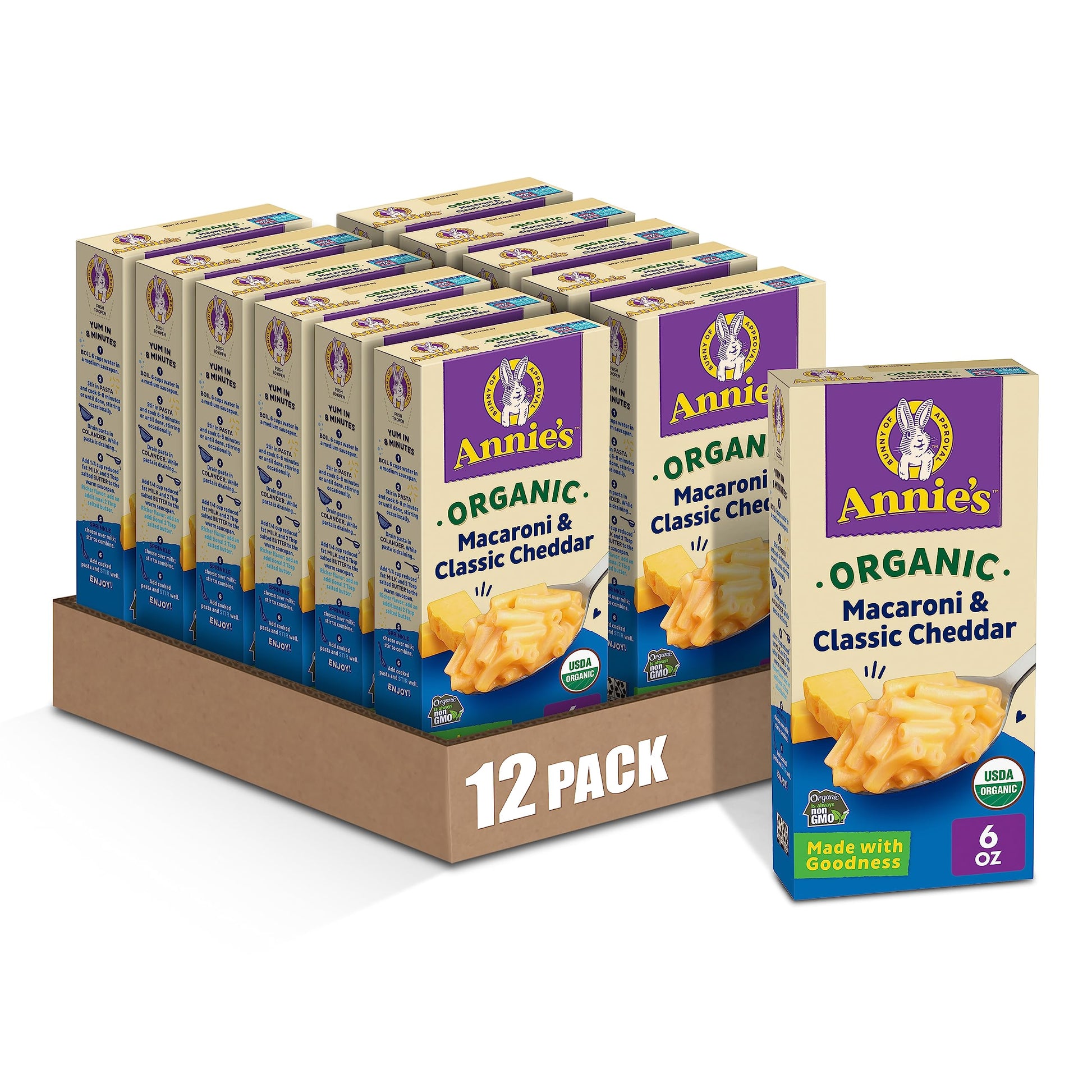 Annie s Organic Macaroni and Classic Cheddar, Mac and Cheese, Dinner Side or Snacks, 6 oz (Pack of 12)