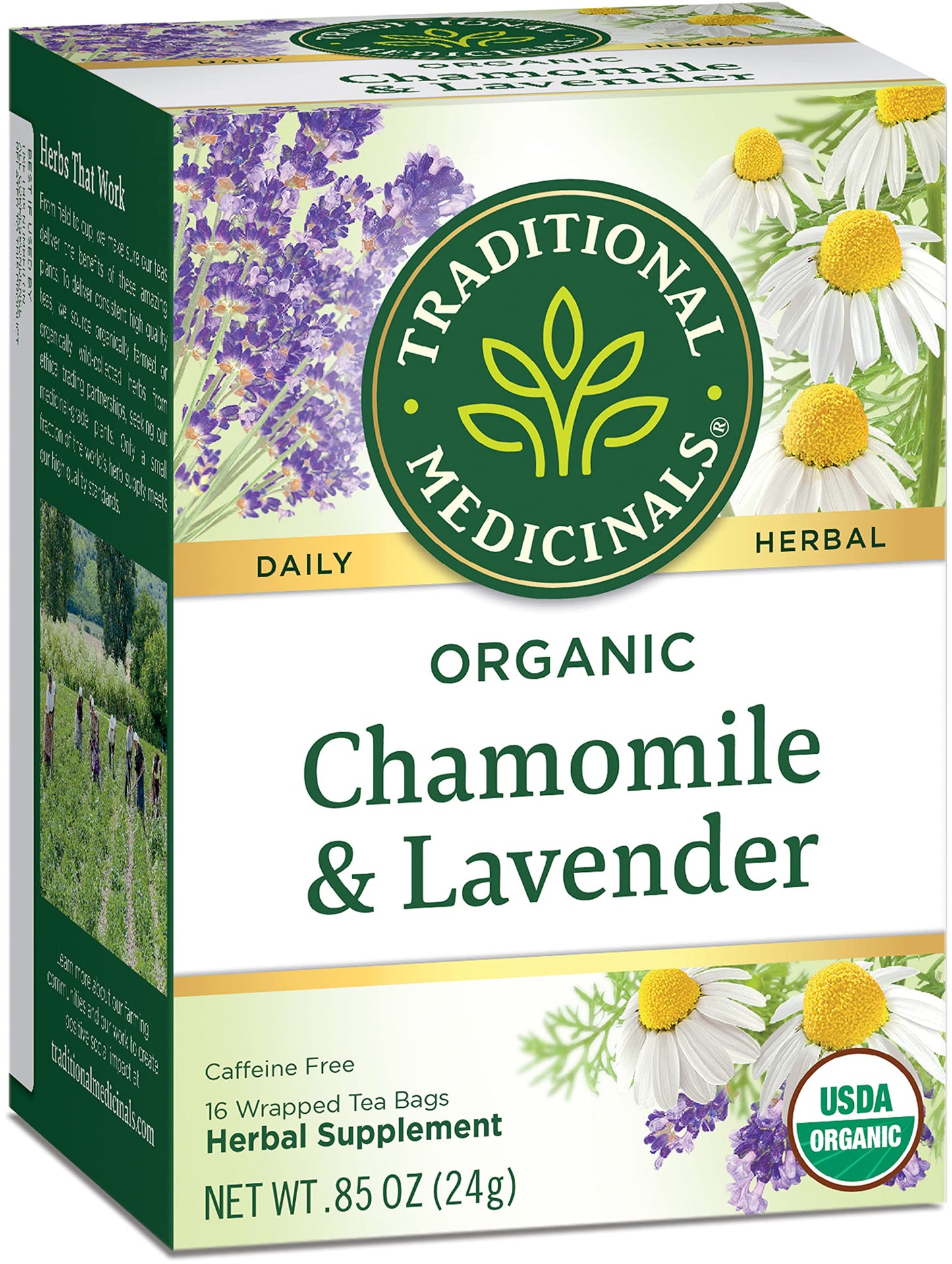 Traditional Medicinals Organic Chamomile & Lavender Herbal Tea, Settles Nervous System, 16 Count