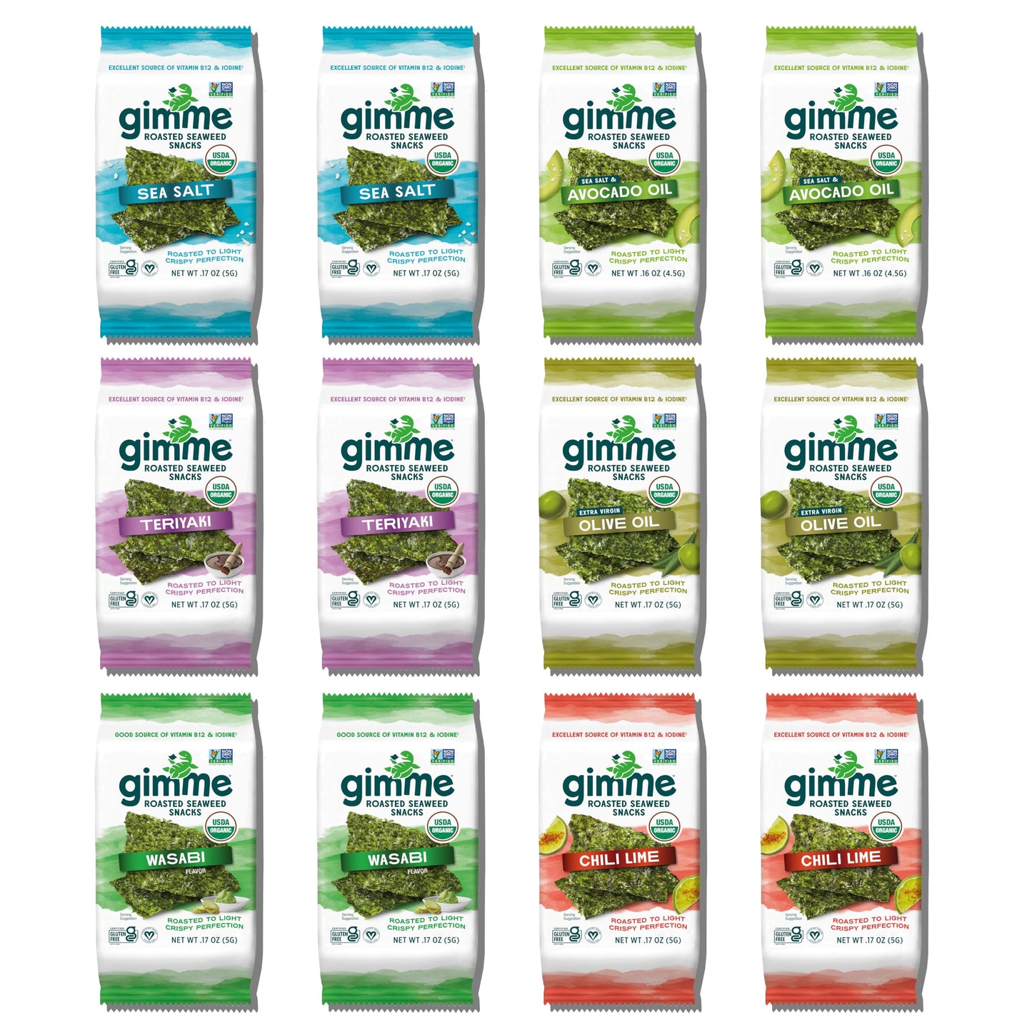 Gimme Seaweed Organic Roasted Seaweed Sheets - New 6 Flavor Variety Pack - 12 Count (5g) - Keto, Vegan, Gluten Free - Great Sour
