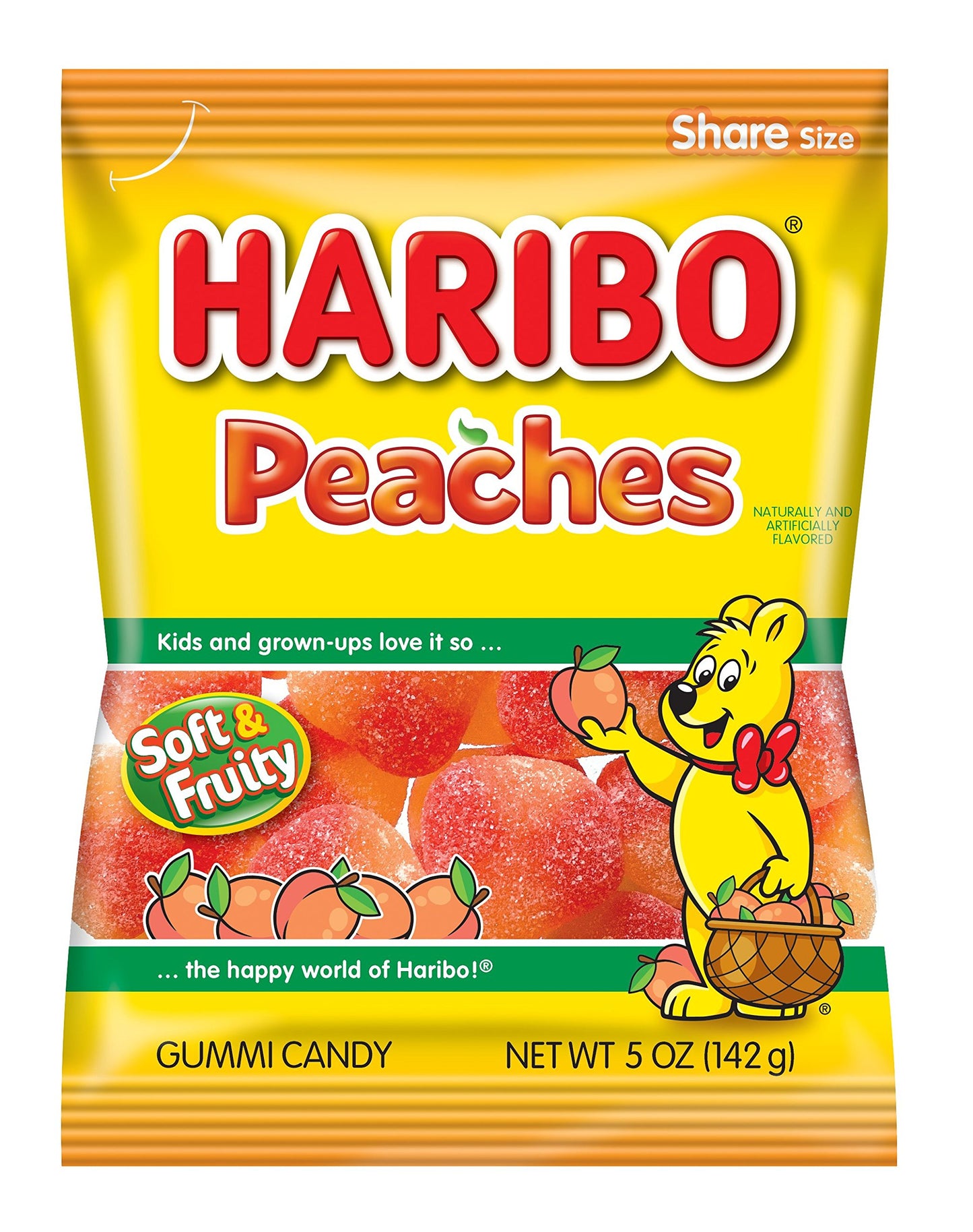 Haribo Gummi Candy, Peaches Gummy Candy, 5 Ounce Share Size Bags (Pack Of 12) Delicious Soft & Chewy Sweet Snacks, Fruity Peach Flavor