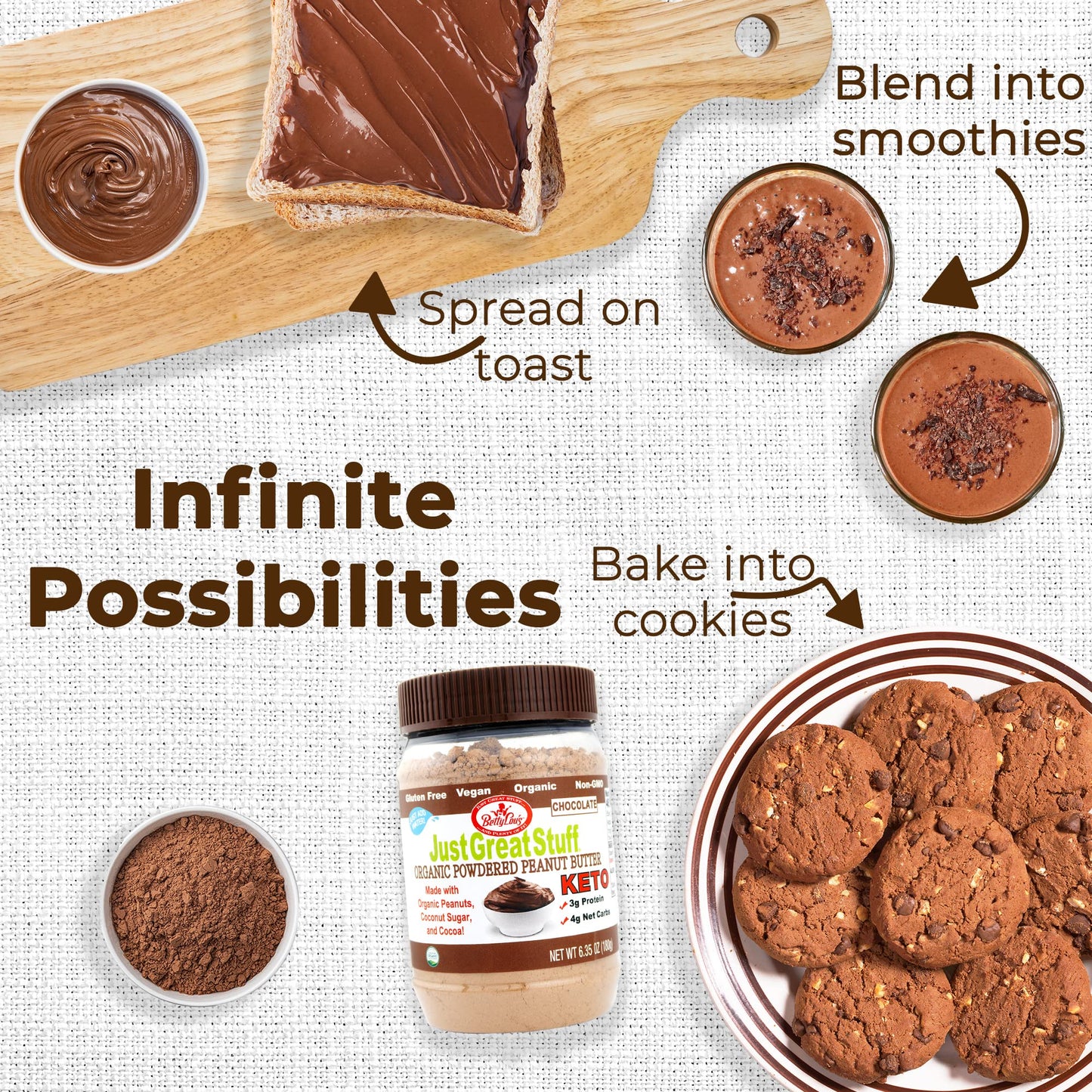 Betty Lous Just Great Stuff Powdered Organic Peanut Butter, Chocolate, 6.35 Ounce