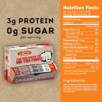 Old Wisconsin Turkey Sausage Snack Sticks, High Protein, Low Carb, Gluten Free, 42 Individually Wrapped Sticks, 1 Ounce Each