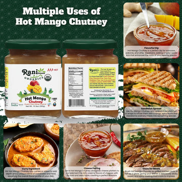 Rani Organic Hot Mango Chutney (Spicy Indian Preserve) 10.5Oz (300G) Glass Jar, Ready To Eat ~ All Natural | Vegan | Gluten Free