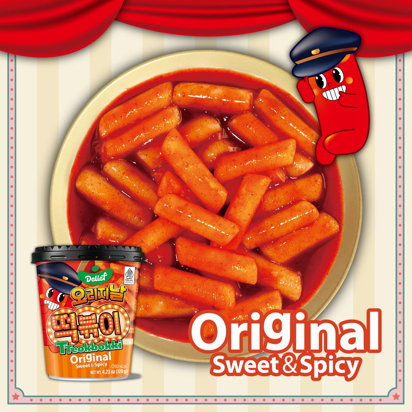 Delief Tteokbokki Cup Original Flavor (Sweet And Spicy) 4.23Oz(120G) Korean Street Food Korea Instant Rice Cake Snack, 4 Packs