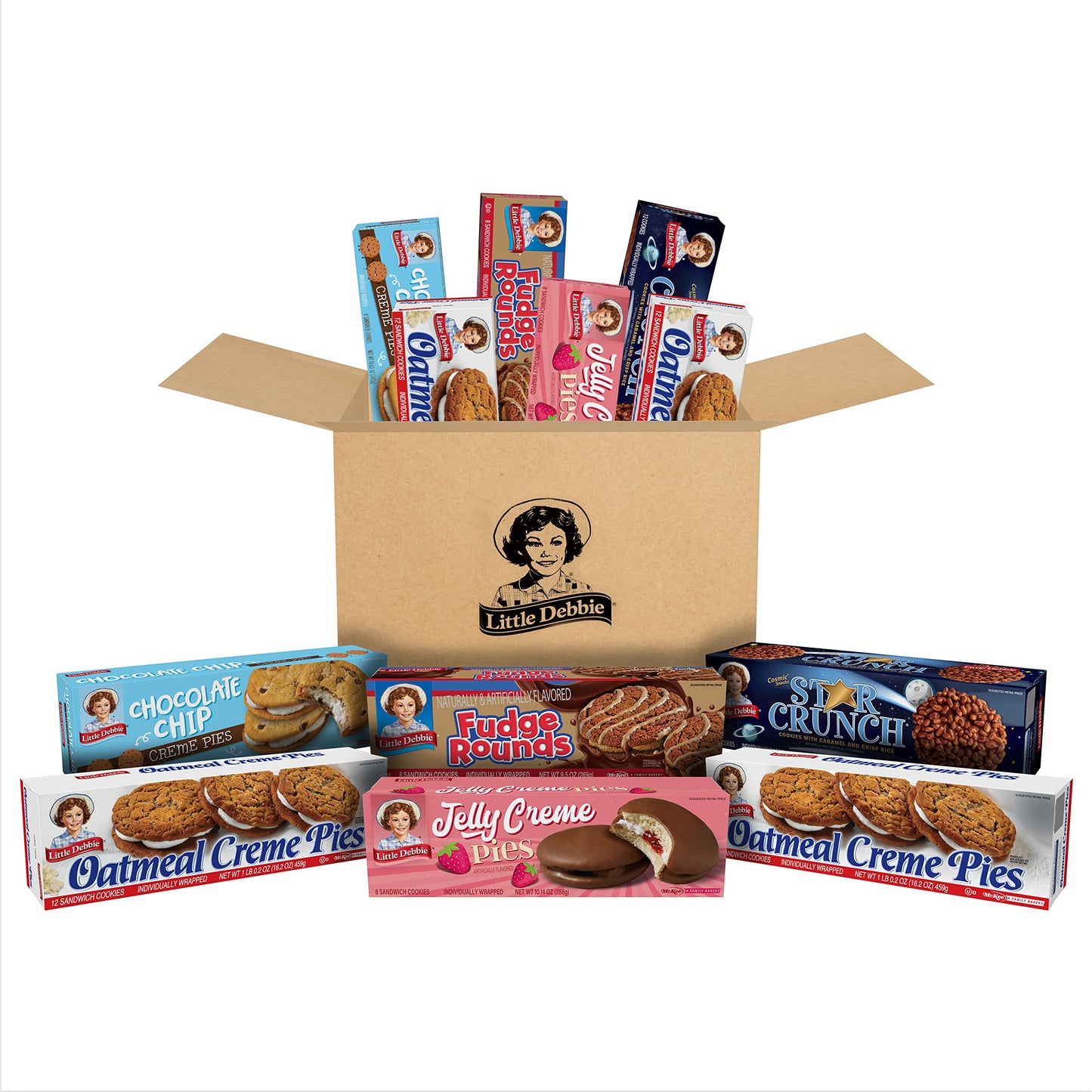 Little Debbie Cookie Variety Pack, 2 Boxes Of Oatmeal Creme Pies, 1 Box Of Fudge Rounds, 1 Box Of Chocolate Chip , 1 Box Of Star