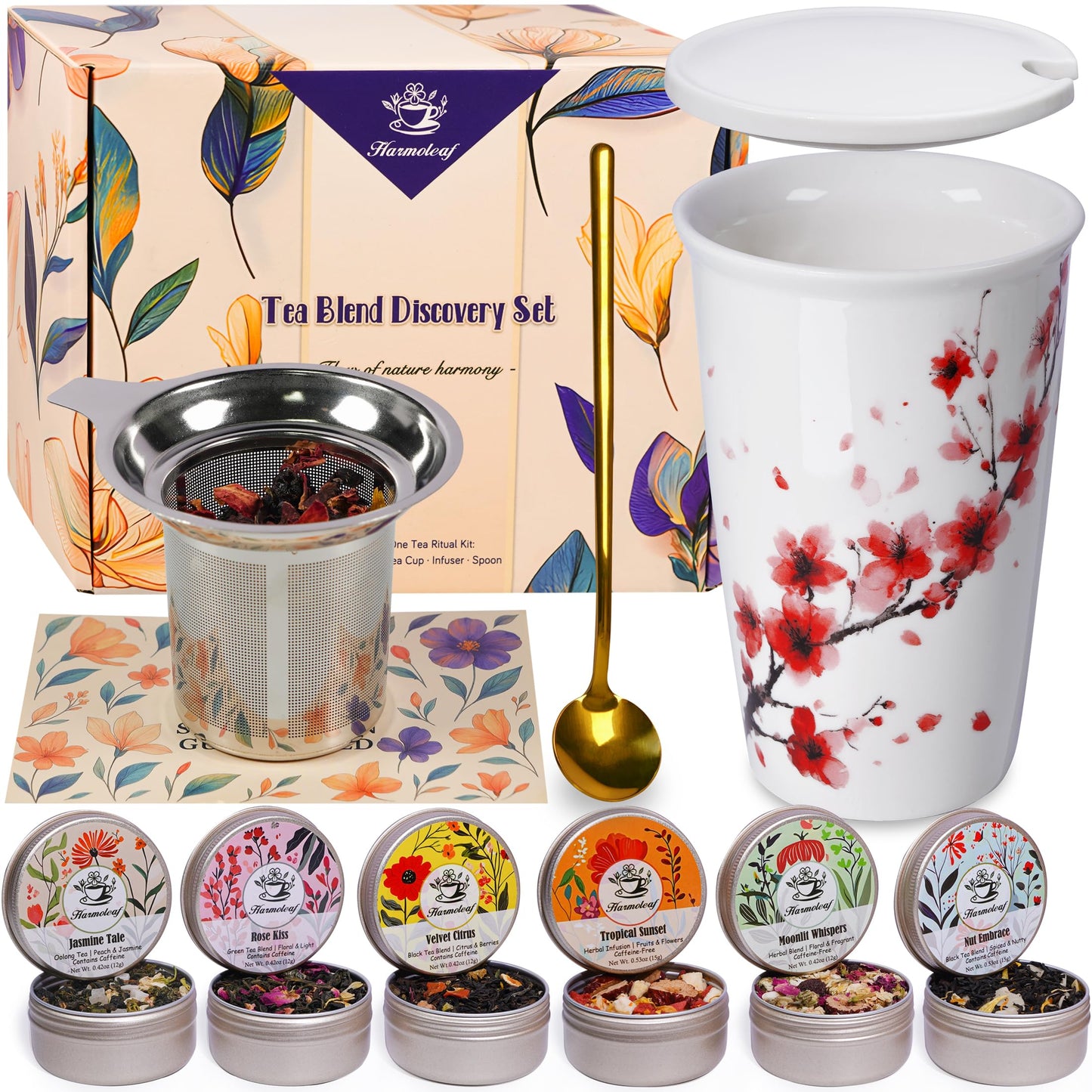 Harmoleaf Tea Gift Set for Women - 6 Herbal Loose Leaf Tea Blends Insulated Ceramic Cup with Infuser & Lid | Birthday Mothers Day Anniversary & Retirement Gift for Her