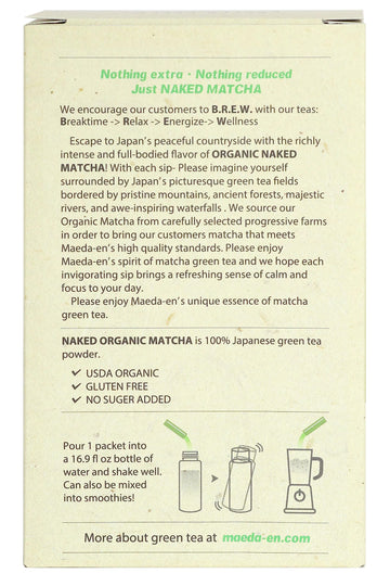 Maeda-En Naked Matcha Organic Matcha Green Tea Powder 12 Packets Smoothie Latte Hot Iced Drink Japanese Origin Green Tea Individ