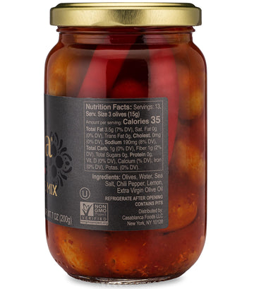 Mina Spicy Olive Mix, 12.5 Oz (Pack Of 6) - Premium Handpicked Moroccan Olives With Red Chili Pepper Harissa, Keto Friendly Spic