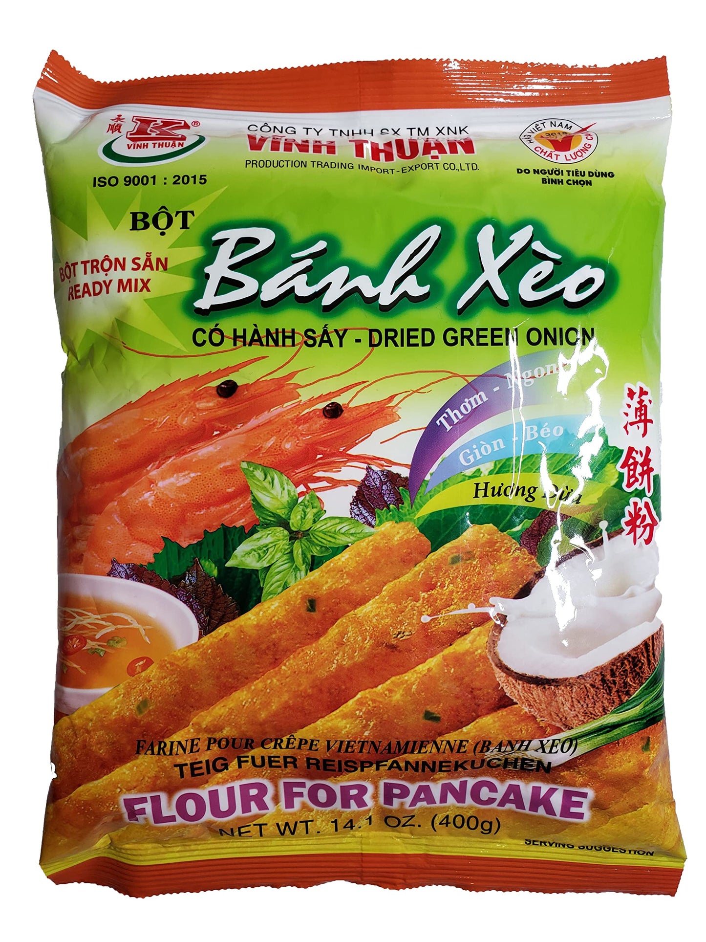 Vinh Thuan Vietnamese Pancake Prepared Flour Mix Banh Xeo Co Hanh Say Dried Green Onion Turmeric Coconut 14.1 oz