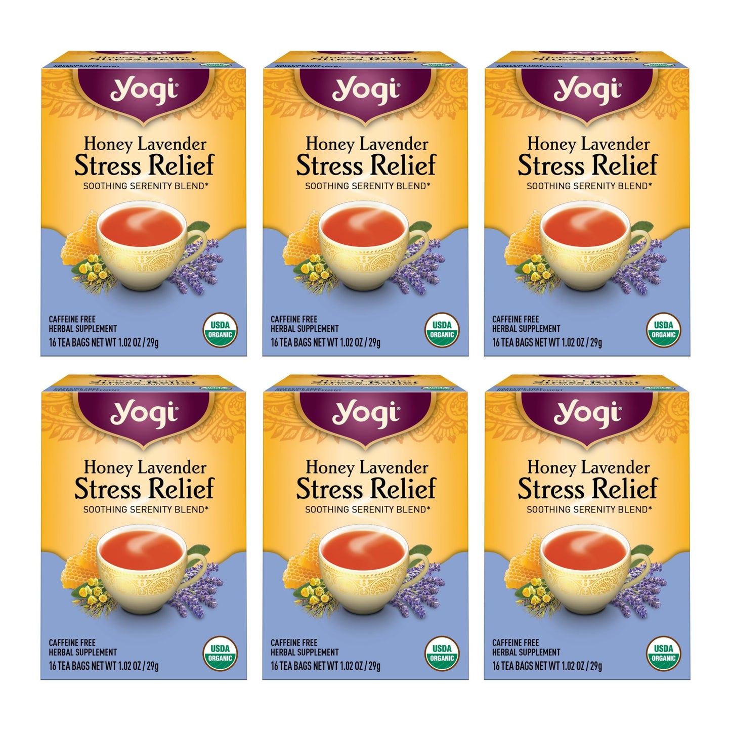 Yogi Tea Honey Lavender Stress Relief Tea - 16 Tea Bags Per Pack (6 Packs) - Organic Chamomile Lavender Tea - Includes Lemon Bal