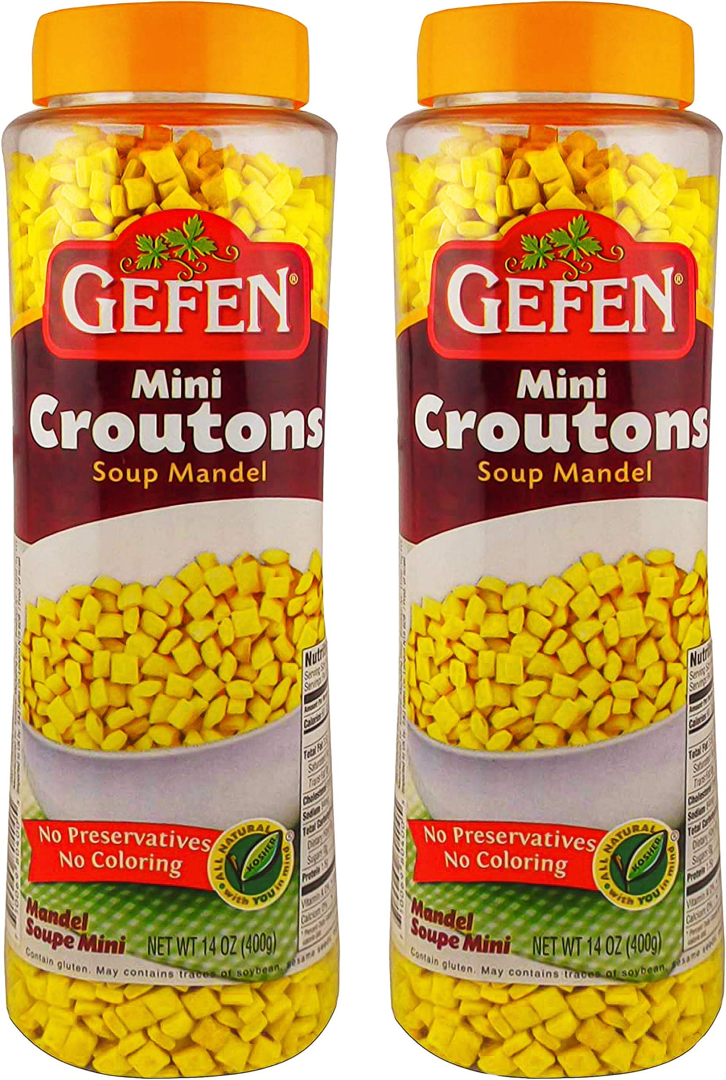 Gefen Mini Croutons Soup Mandel 14oz (2 Pack) Toasted Soup Crackers in a Resealable Container, No Preservatives, No Coloring, Ce