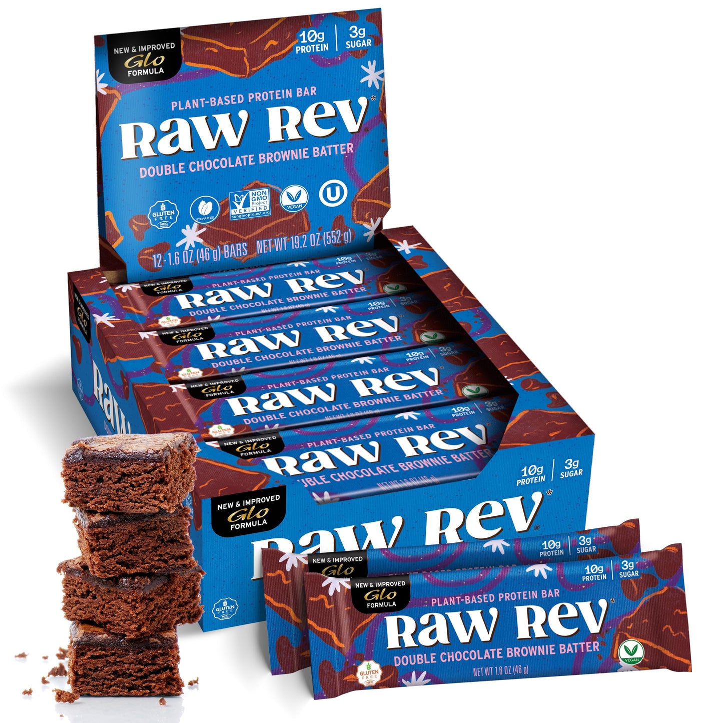 Raw Rev Vegan High-Protein Bars, Double Chocolate Brownie Batter, 10g Plant Protein, 12g Fiber, Non-GMO, 1.6 Oz, 12 Count (Pack