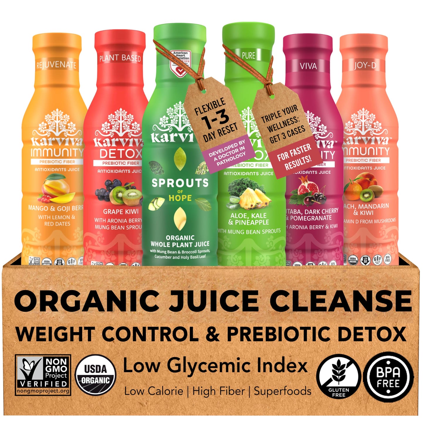 Karviva Organic Juice Cleanse Weight Control Pack - Ancient Remedies To Curb Sugar Cravings Prebiotic Detox With Anti-Bloat Support High Fiber Sprouts Aloe & Adaptogens For Digestion & Gentle Cleansing 6 Bpa-Free Bottles (12 Oz)