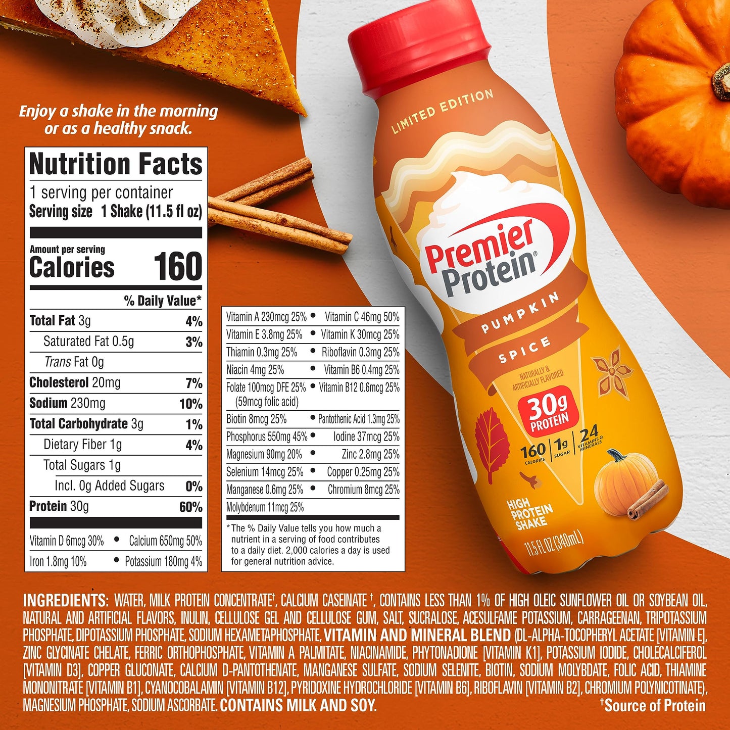 Premier Protein Shake Pumpkin Spice Limited Edition 30g Protein, 1g Sugar, 11.5 Fl Oz (Pack of 12)