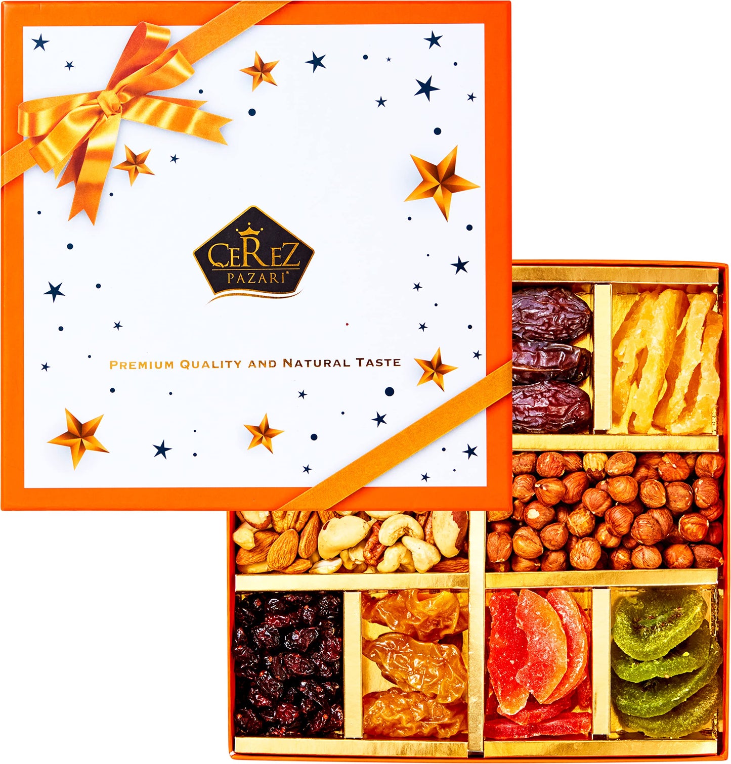 Dried Fruit And Nuts Gift Basket - Gourmet Holiday Gift Box - 10 Variety Holiday Healthy Snack - 1.43 Lbs Elegant Orange Box - C