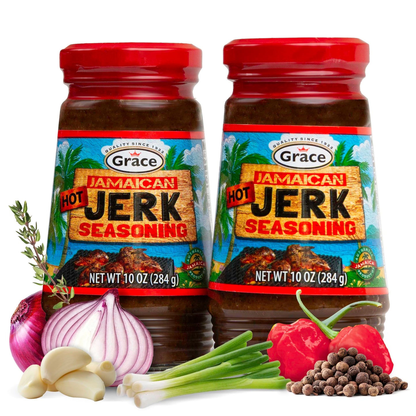 Grace Jamaican Hot Jerk Seasoning (Two 10 Oz Jars) - Hot Jerk Jamaican Style - Caribbean Seasoning Mix For Chicken & Oxtail