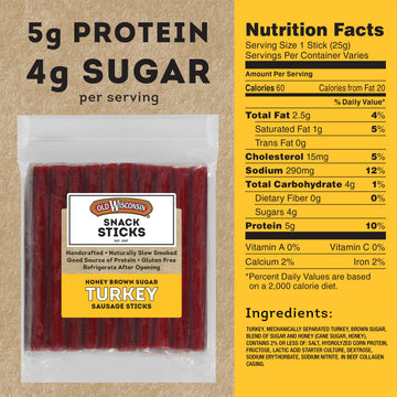 Old Wisconsin Honey Brown Sugar Turkey Sausage Snack Sticks, High Protein, Low Carb, 28 Ounce Resealable Package