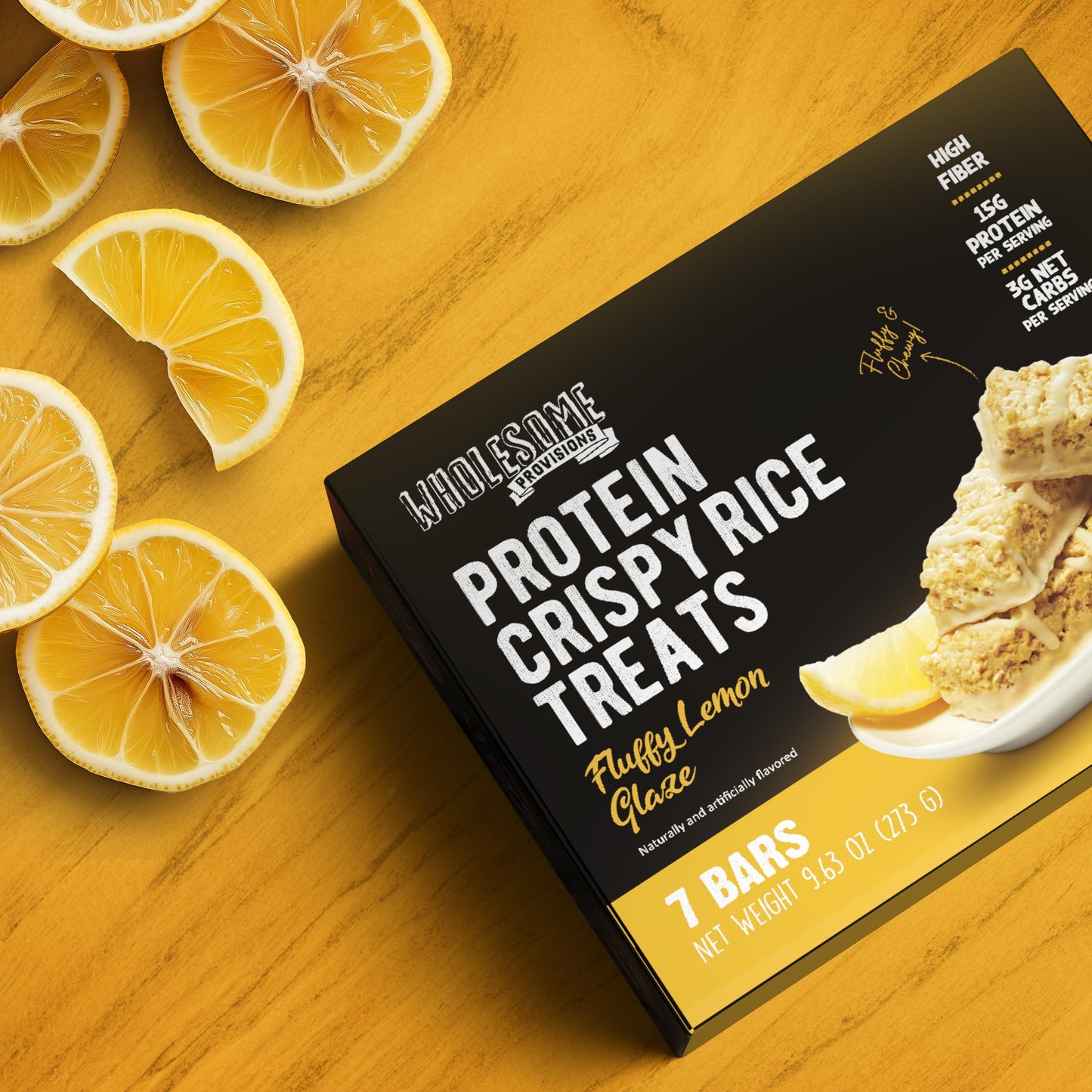 Wholesome Provisions Protein Crispy Rice , 15g Protein, 3g-7g Net Carbs, Gluten Free, 1 Pack, Fluffy Lemon Glaze, Yellow