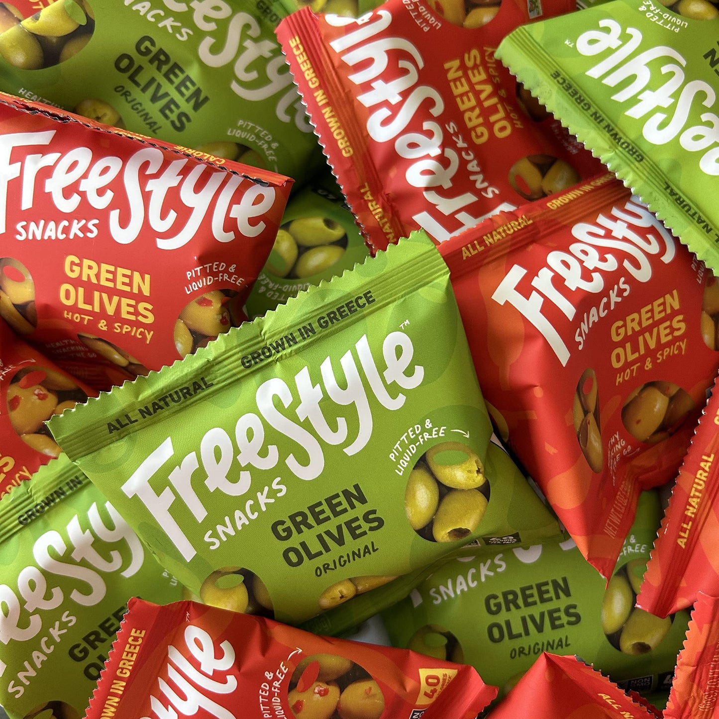 Freestyle Snacks Olive Snack Packs - As Seen On Shark Tank - Single Serve - Fresh Pitted Green Olives, Grown In Greece, All Natural, Non-Gmo, Sugar-Free, Salty Snack – Hot & Spicy, 1.1Oz (24 Pack)