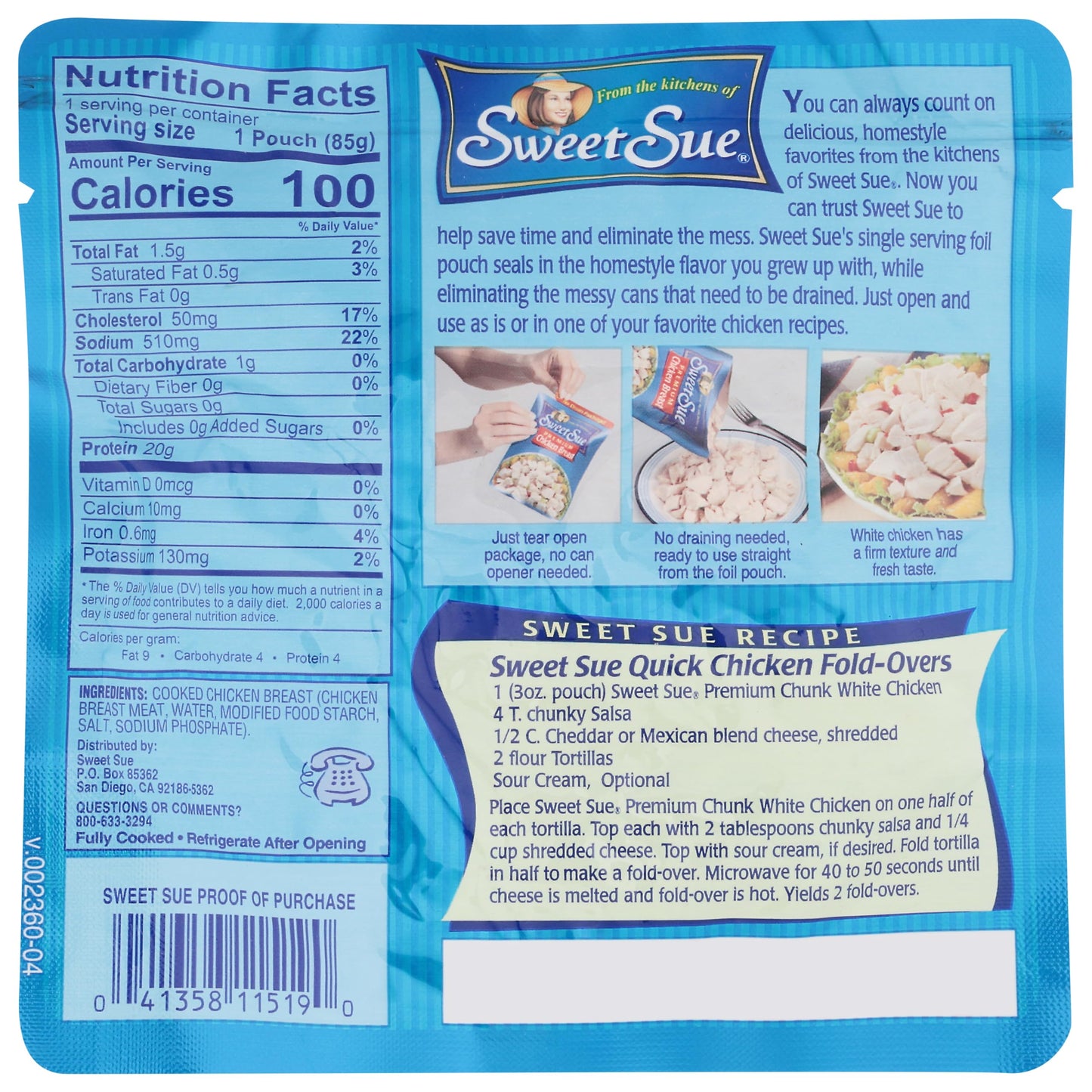 Sweet Sue Premium Chicken Breast - 20g Protein, 97% Fat Free, Gluten Free, Keto Friendly - 3 Ounce (Pack of 1)