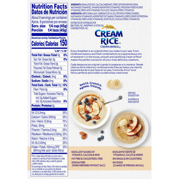 Cream Of Rice Crema De Arroz Libre De Gluten Cereal Caliente, 14 Ounce