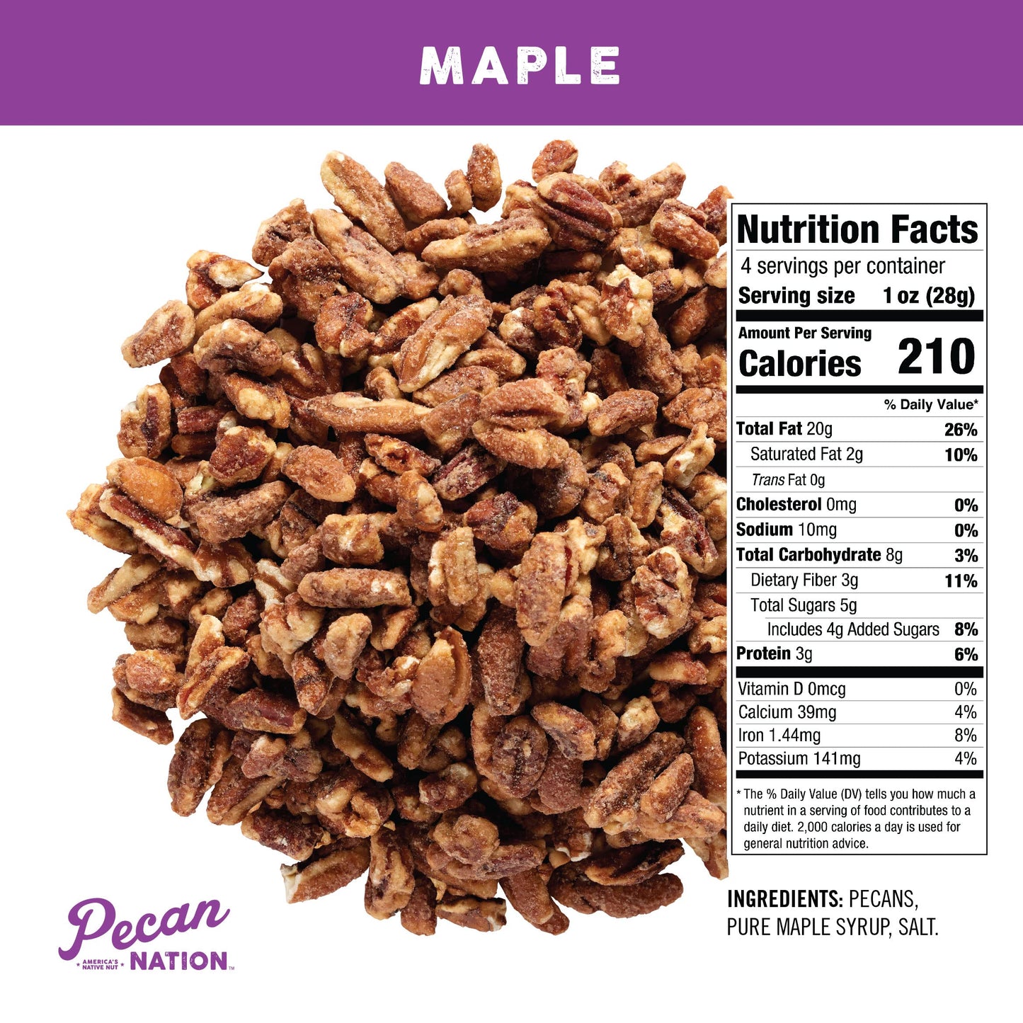 Pecan Nation Maple Flavored Roasted Sweet Pecan Pieces 4 Oz., Natural, No Preservatives, Antioxidant-Rich, Non-Gmo, Healthy Nut