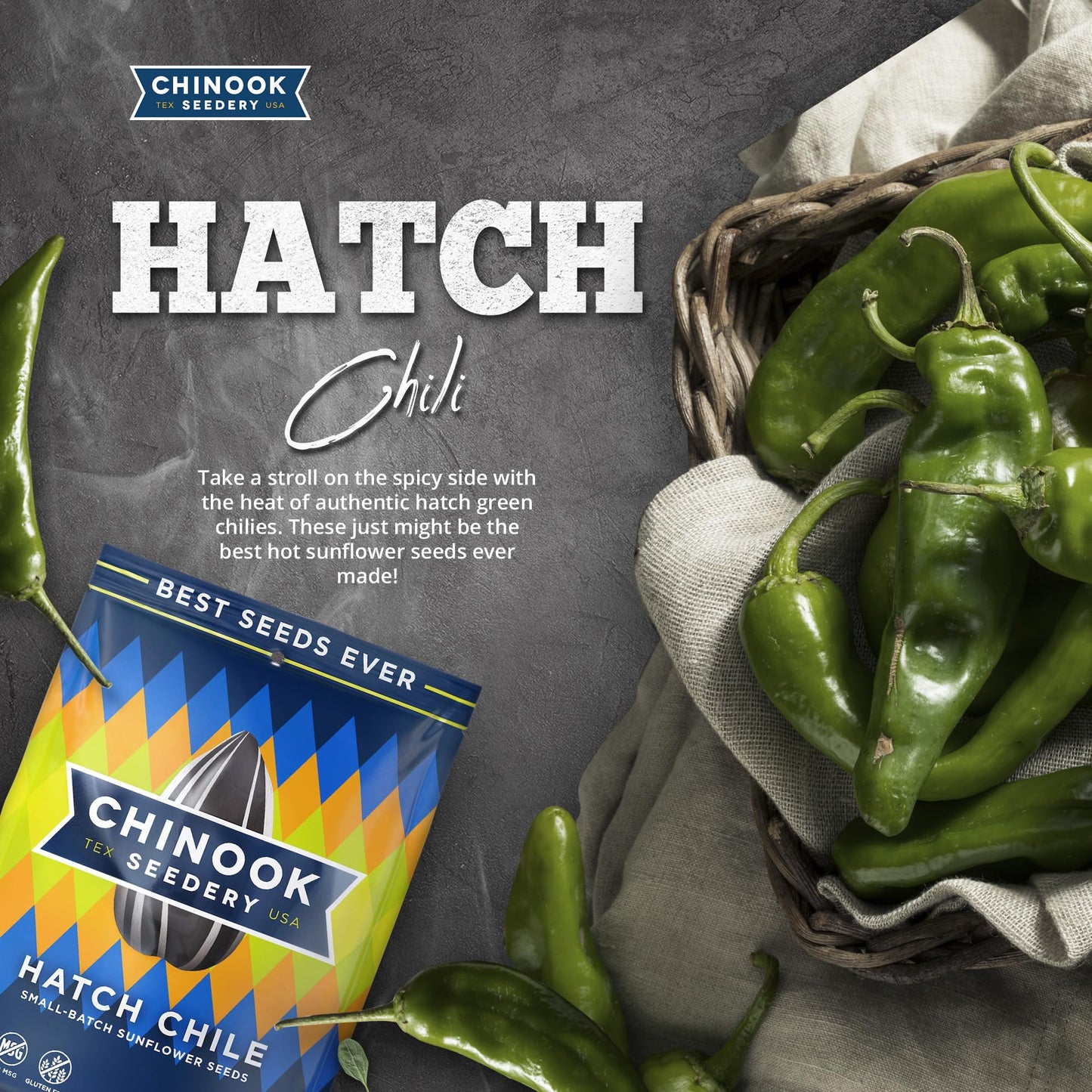 Chinook Seedery Roasted Jumbo Sunflower Seeds - Keto Snacks, Gluten-Free, Non-Gmo, Hatch Chile Flavor 4 Oz (12-Pack)