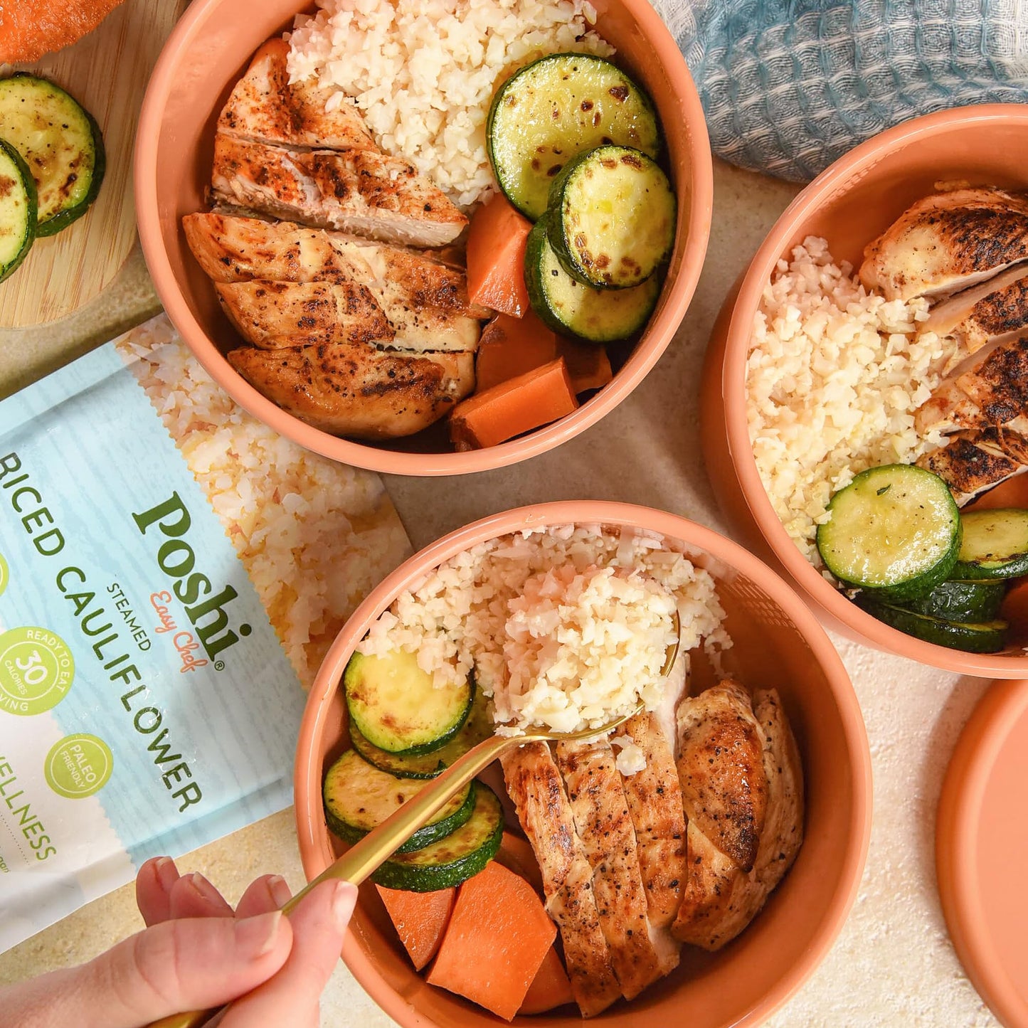 Poshi Riced Cauliflower | All Natural, Fully Cooked, Ready To Eat, Non-Gmo, Low Calorie + Carb, Gluten Free, Vegetable Rice, Mea