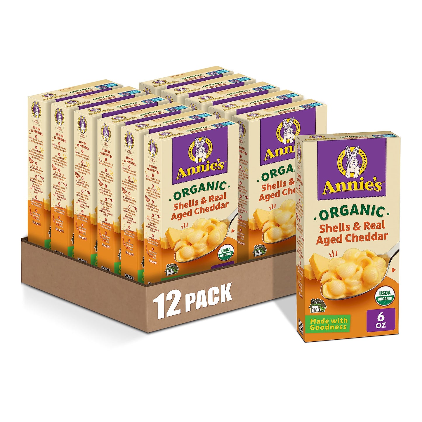 Annies Shells Real Aged Cheddar Organic Mac and Cheese Dinner with Organic Pasta, 6 OZ (Pack of 12)