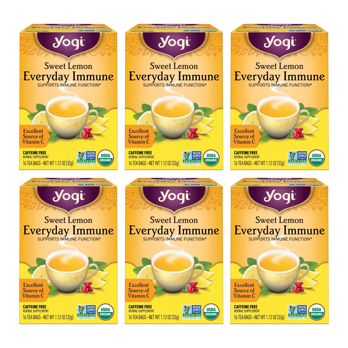 Yogi Tea Sweet Lemon Everyday Immune Tea - 16 Tea Bags Per Pack (6 Packs) - Daily Immune Support Tea - Delicious Lemon Tea Bags