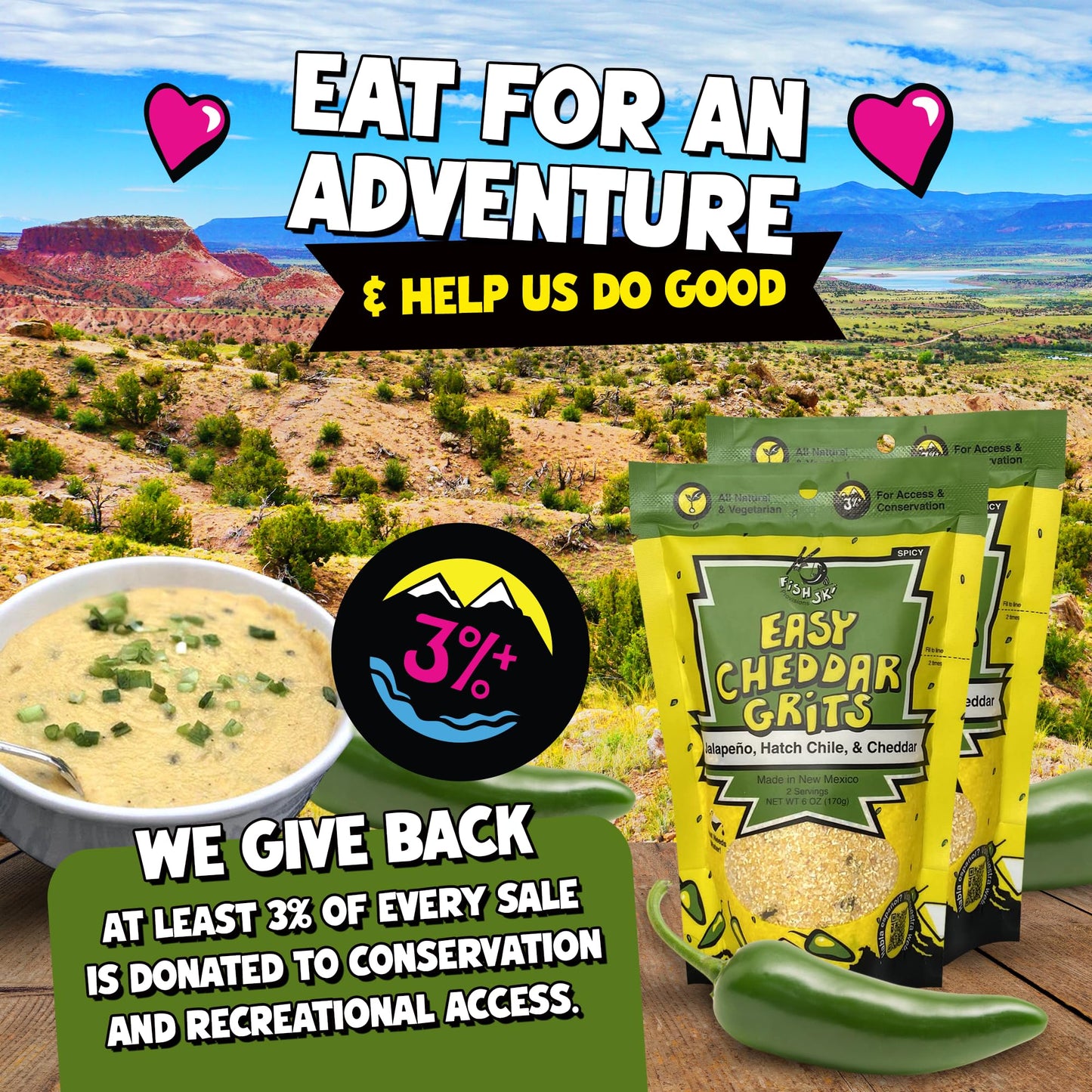 Jalapeno Yellow Corn Grits With Cheddar Cheese + Hatch Green Chile + Garlic, By Fishski Provisions, 6 Oz Bags, 12 Pack