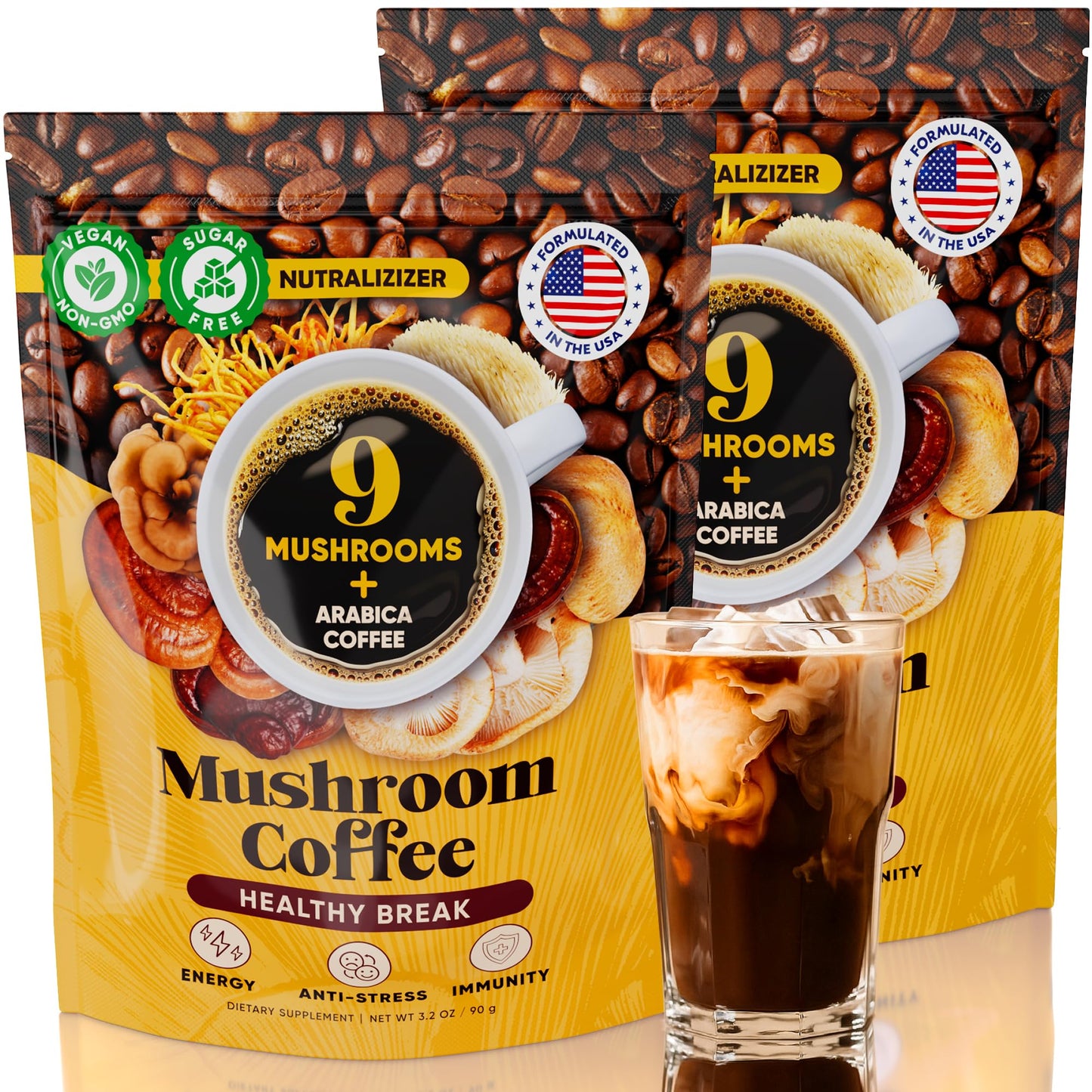 Mushroom Coffee - 10 In 1 Instant Coffee Organic Arabica - Cafe De Hongos W/Lions Mane Turkey Tail Chaga - Focus Gut Health Weight & Immune Support - Low Energy Blend Sugar-Free Gluten Free 90G
